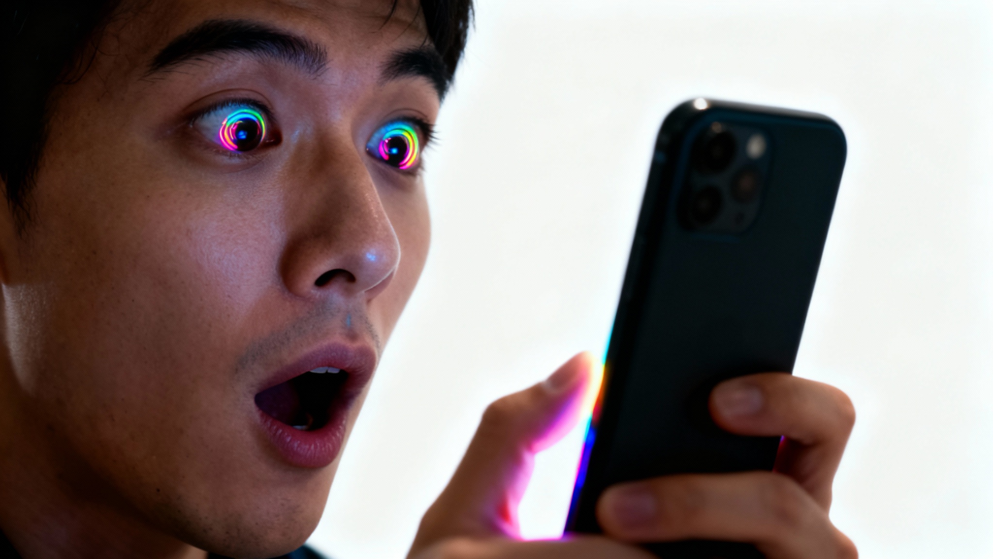 A person holding a smartphone is frozen mid-scroll, their face showing captivation and surprise as they stare at the brightly glowing screen, all against a clean white background.