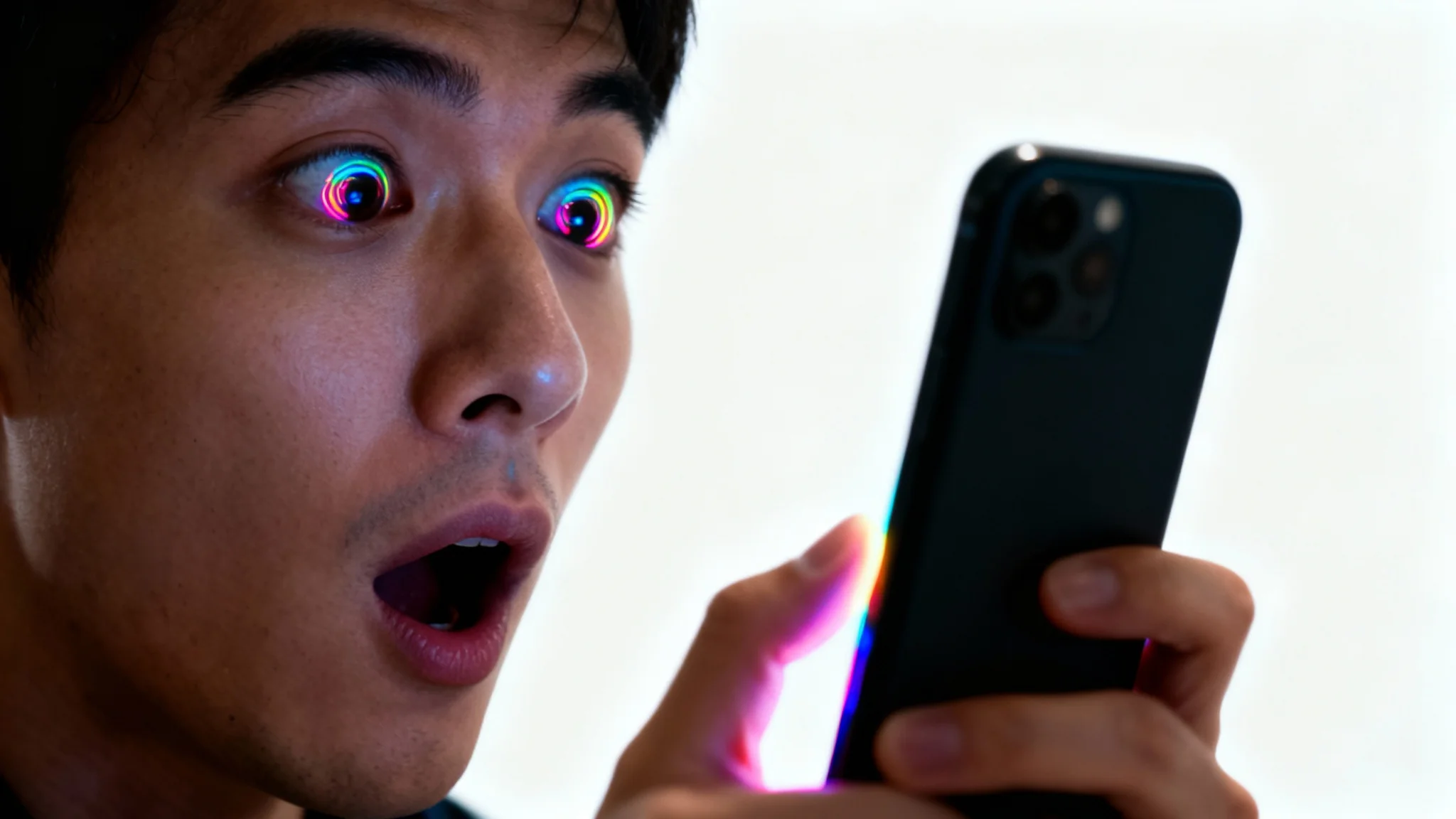 A person holding a smartphone is frozen mid-scroll, their face showing captivation and surprise as they stare at the brightly glowing screen, all against a clean white background.
