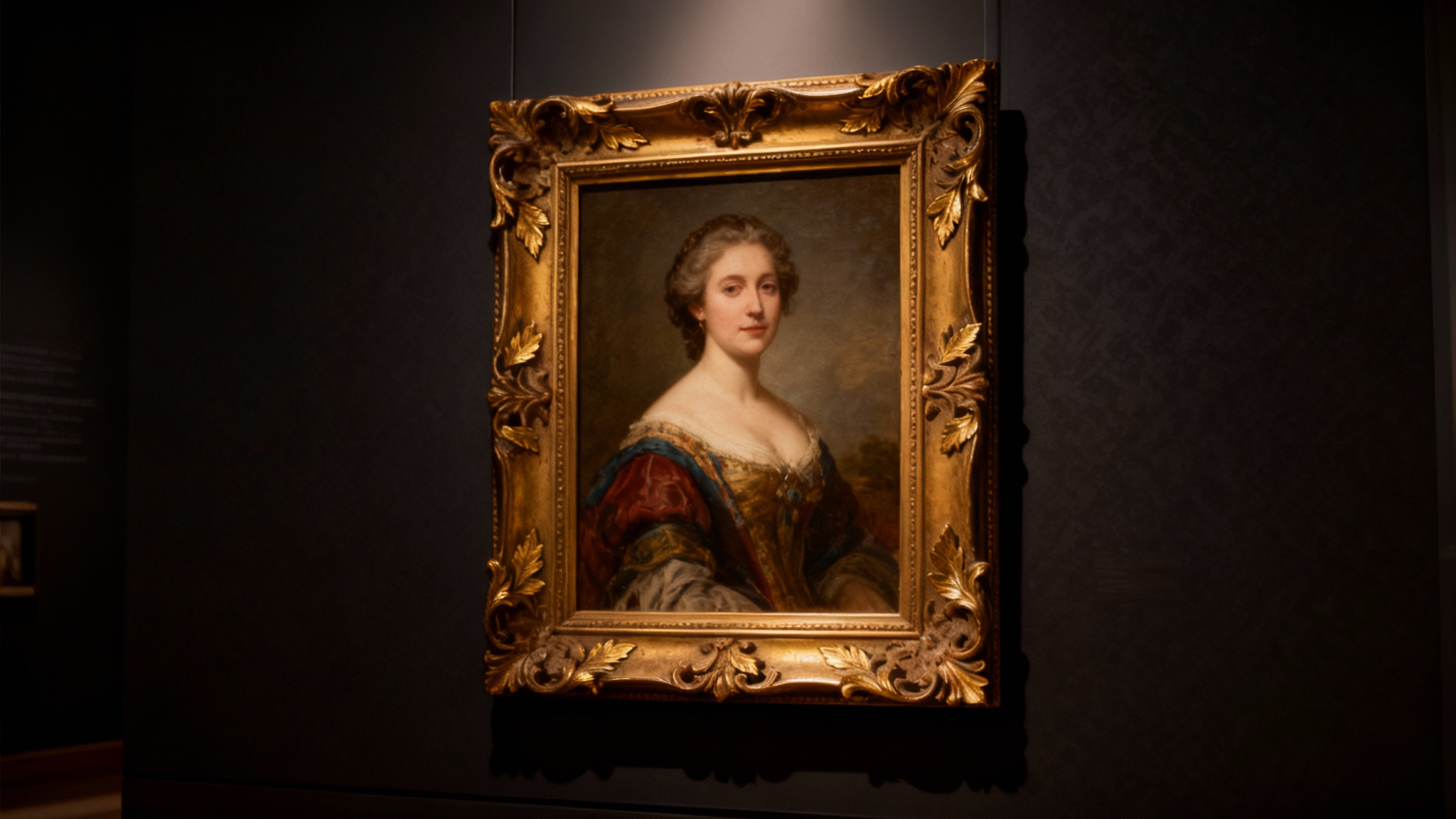 A beautiful Renaissance-style portrait of a woman, displayed in a lavish, ornate gold frame hanging on a dark museum wall.
