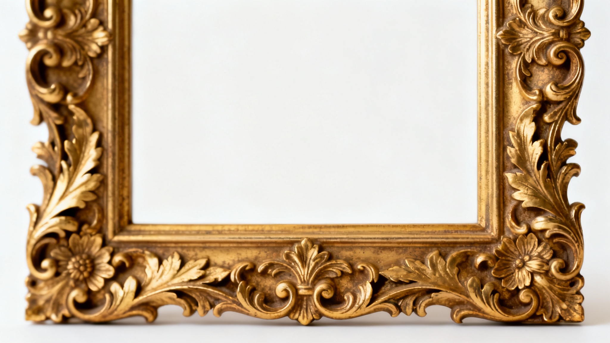 A photorealistic mockup of an empty, ornate gold frame with intricate Baroque carvings, standing vertically against a solid white background.
