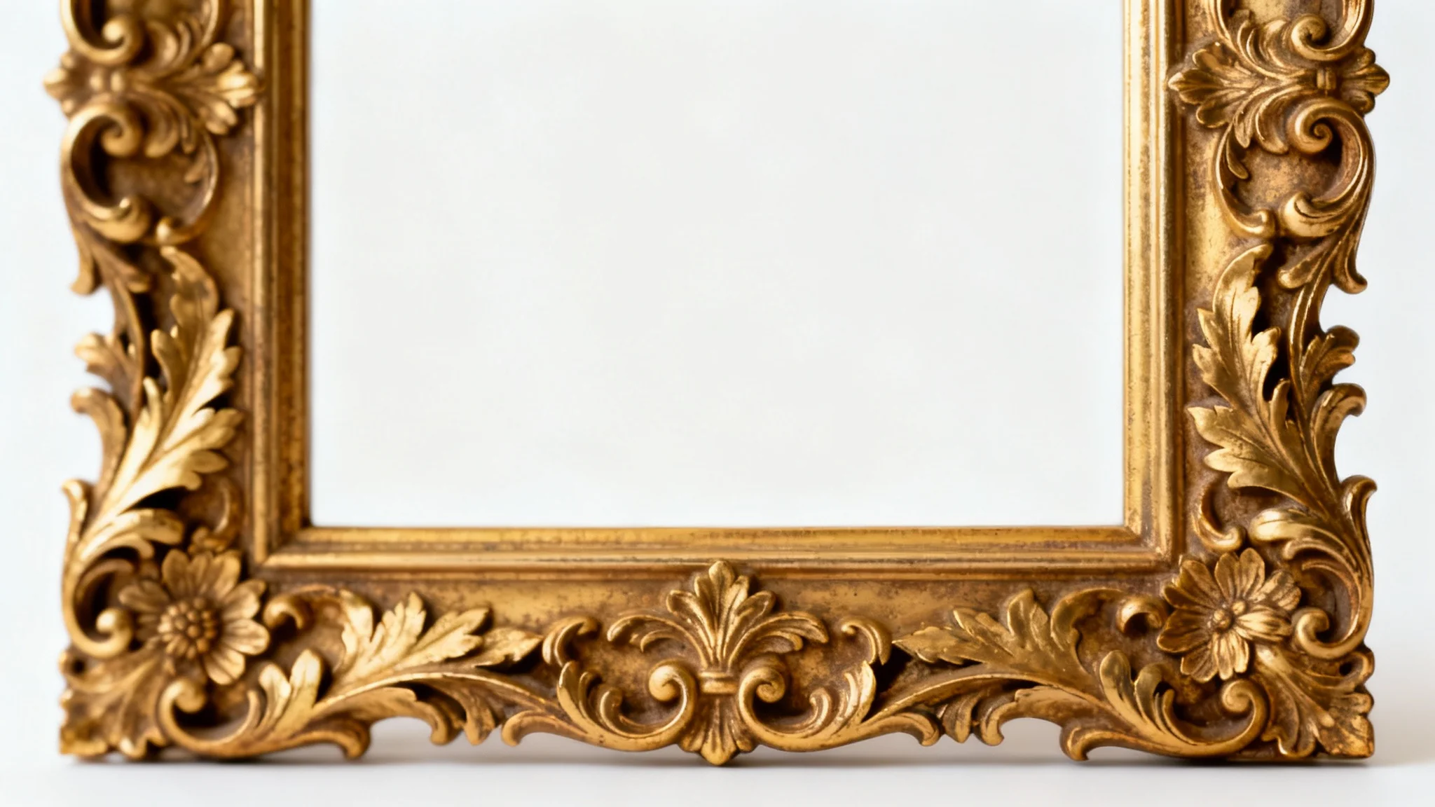 A photorealistic mockup of an empty, ornate gold frame with intricate Baroque carvings, standing vertically against a solid white background.