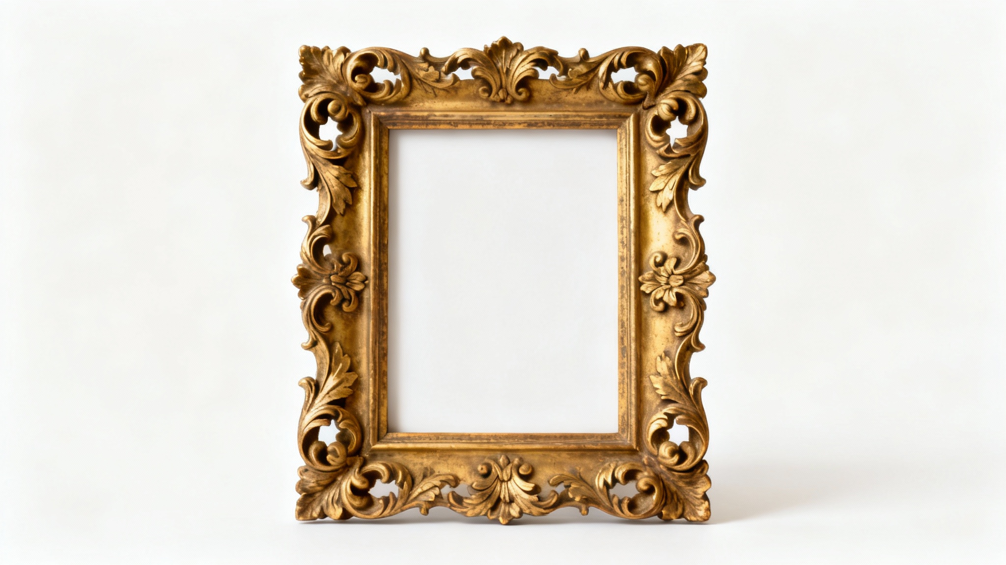 A photorealistic mockup of a highly detailed, ornate gold picture frame with baroque carvings, empty and centered on a clean white background.