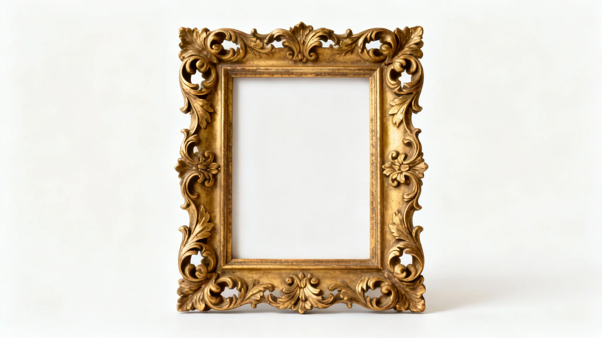 A photorealistic mockup of a highly detailed, ornate gold picture frame with baroque carvings, empty and centered on a clean white background.