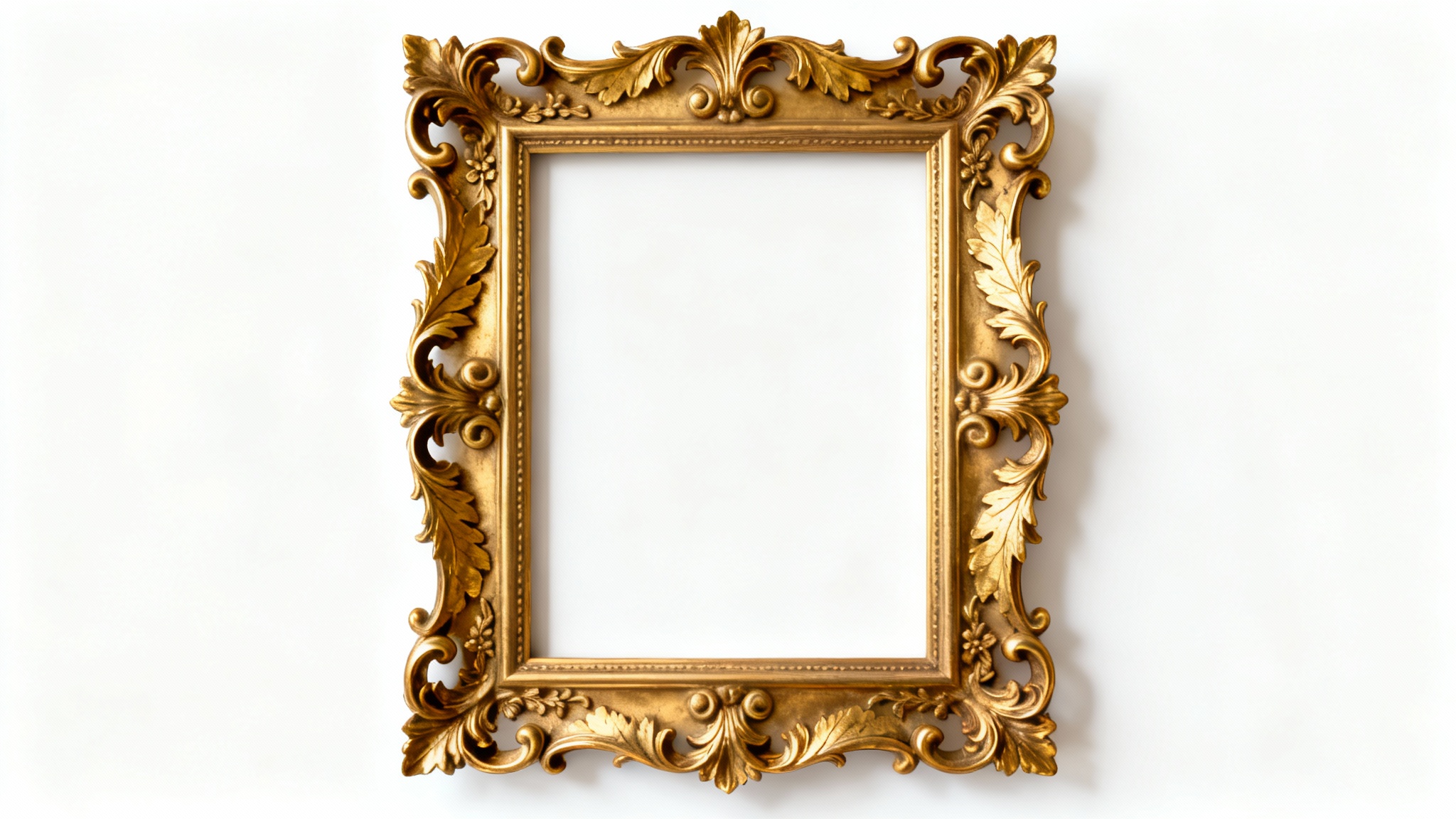 A close-up of a luxurious, empty gold ornate frame with intricate Rococo carvings, presented vertically against a plain white background.