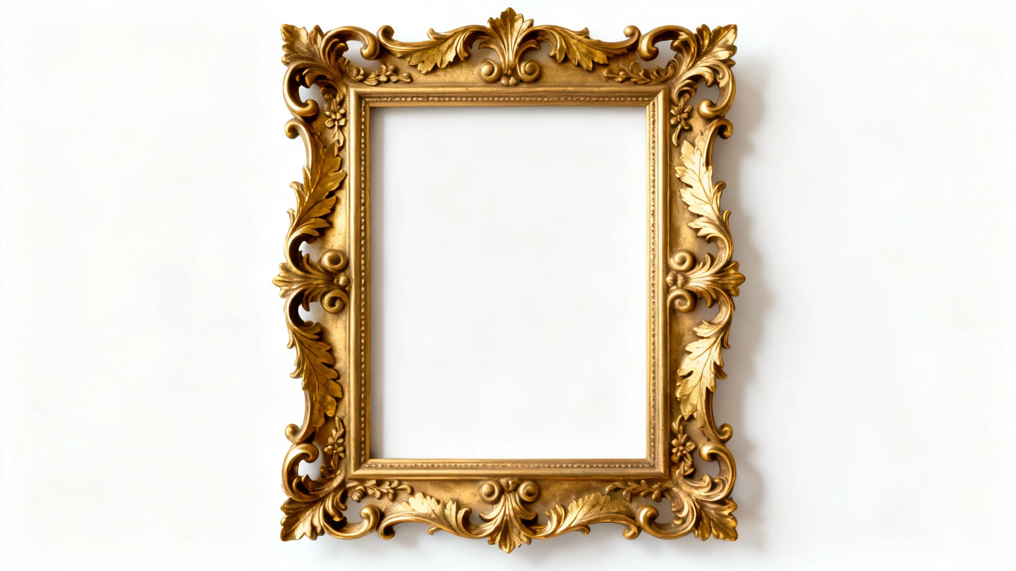 A close-up of a luxurious, empty gold ornate frame with intricate Rococo carvings, presented vertically against a plain white background.