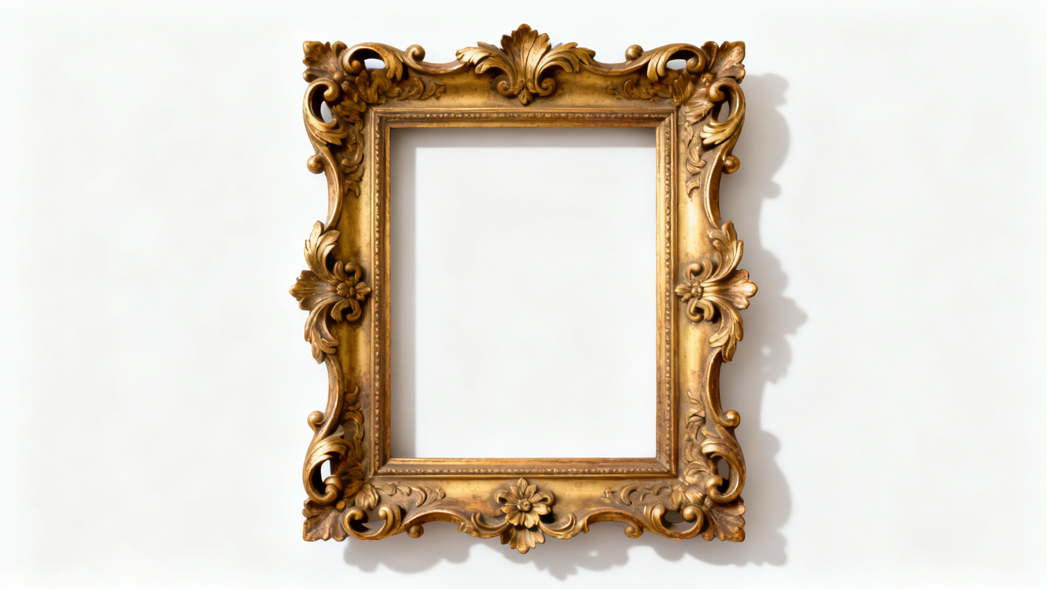 An ornate, vertically oriented gold frame with intricate baroque carvings, displayed empty against a clean white background.