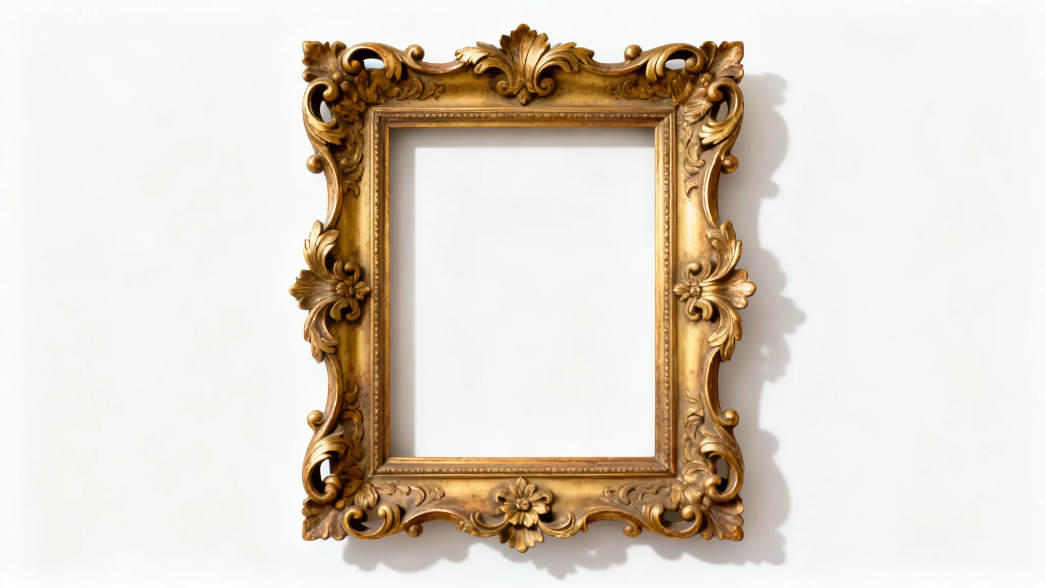 An ornate, vertically oriented gold frame with intricate baroque carvings, displayed empty against a clean white background.