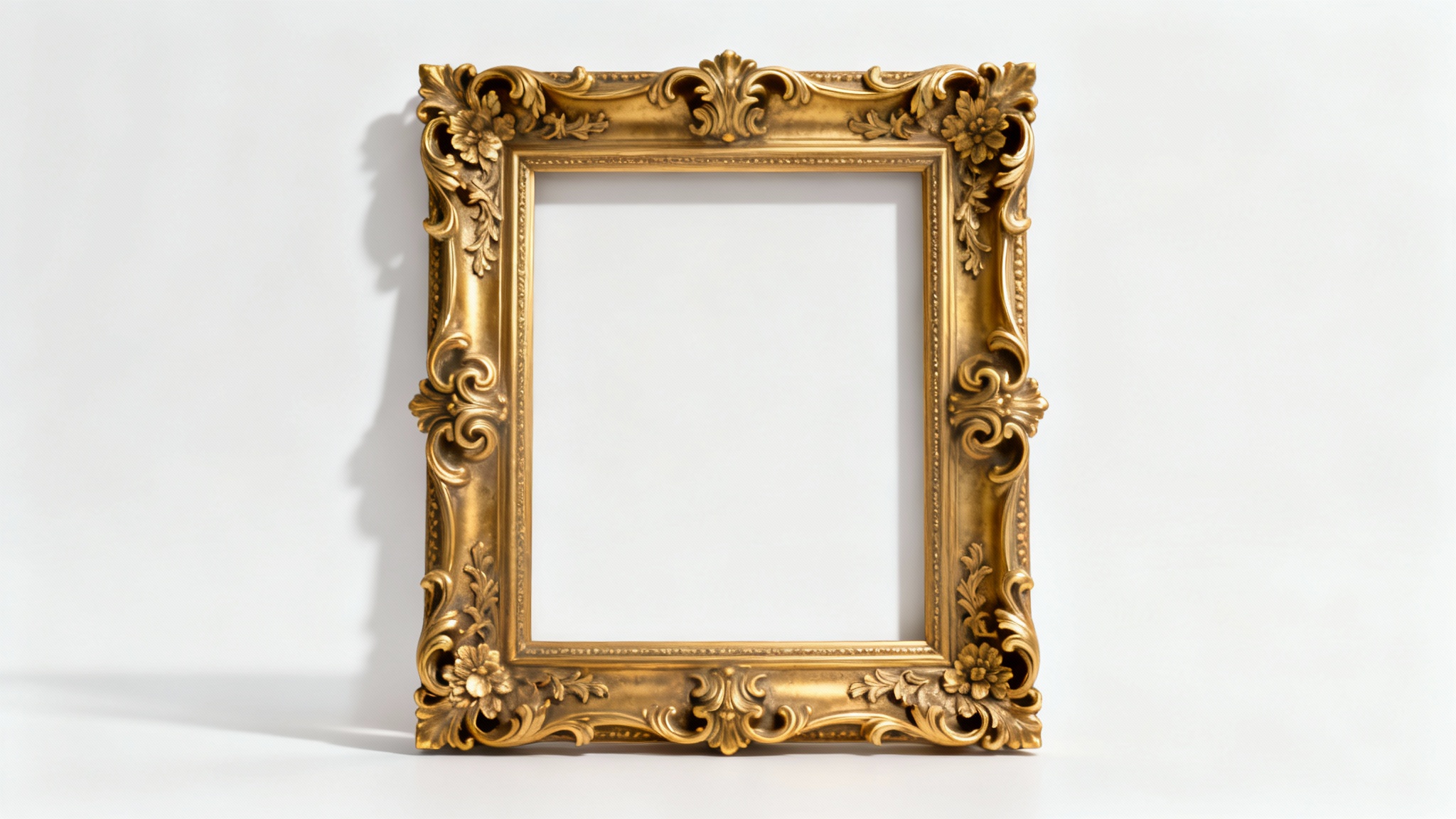 A close-up studio photograph of an empty, ornate gold frame with intricate baroque carvings, set against a plain white background.
