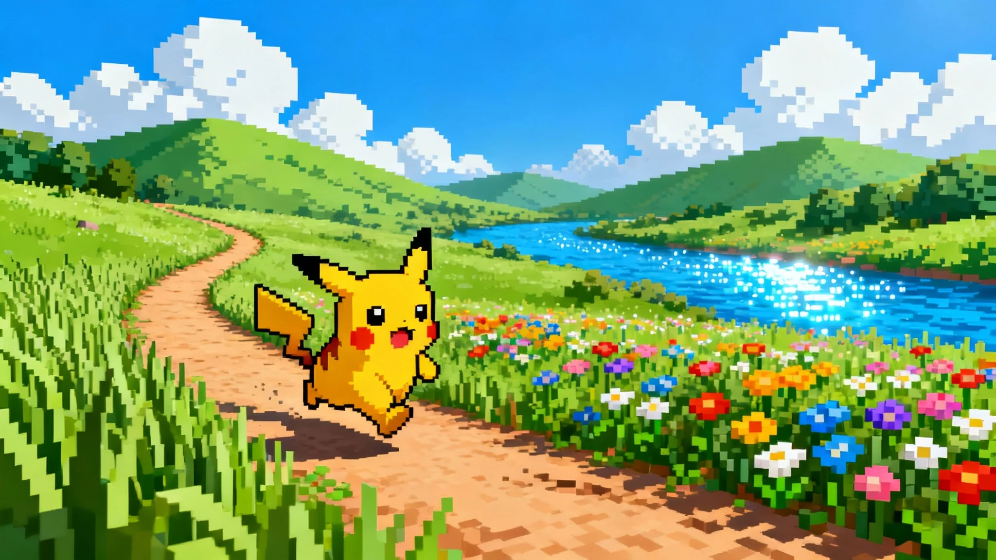 A high-quality 16:9 pixel art background in the style of a classic Pokémon game. The image shows a sunny, grassy route with a pixelated Pikachu, colorful flowers, a river, and hills under a blue sky.