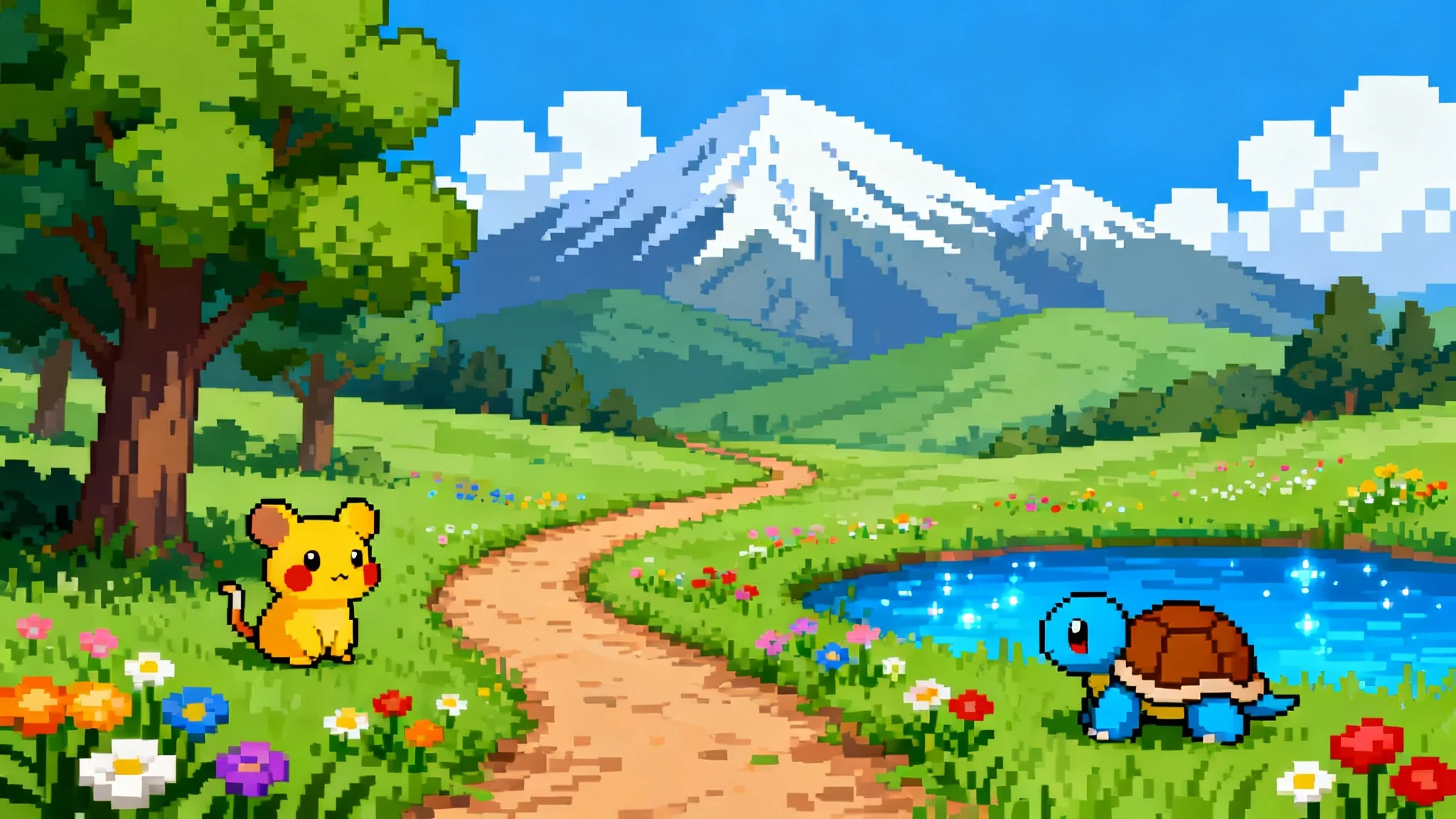 A nostalgic pixel art background showing a vibrant landscape with two small creatures, reminiscent of classic 16-bit adventure games.
