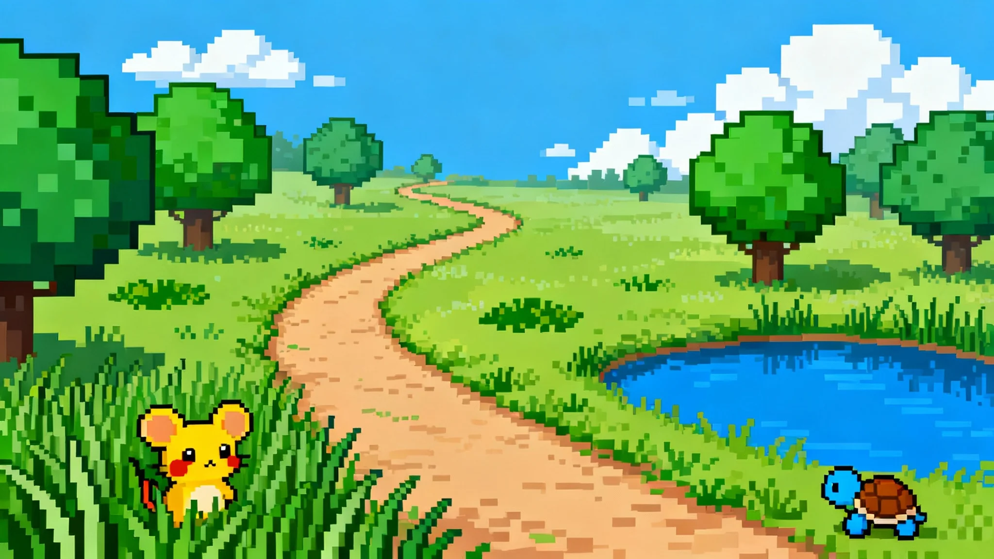 A vibrant pixel art background in the style of classic 8-bit video games, featuring a forest path, a pond, and small, monster-like creatures.
