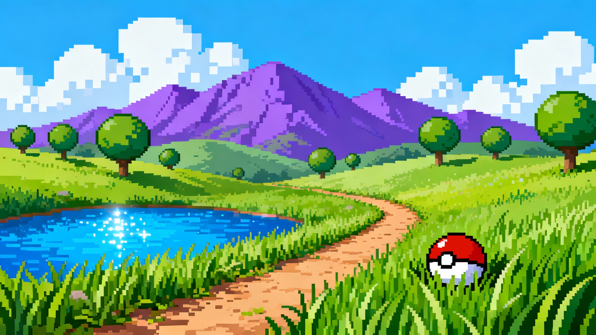 A vibrant pixel art background of a landscape inspired by classic monster-catching games, featuring a path, tall grass, a pond, and distant mountains under a sunny sky.