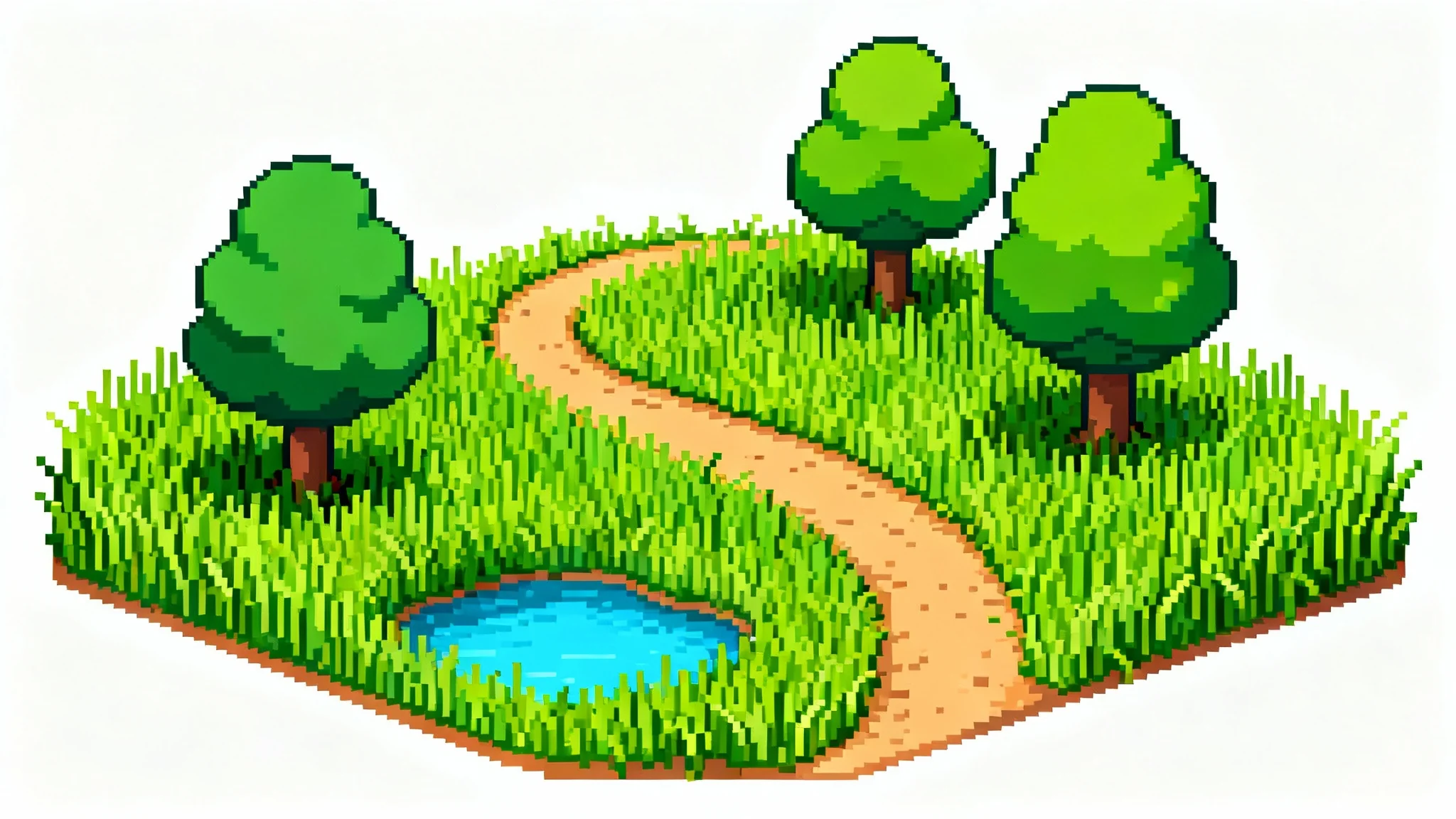 A pixel art background in the style of a classic 16-bit Pokémon game, featuring a grassy path, trees, and a small pond, presented on a clean white background.