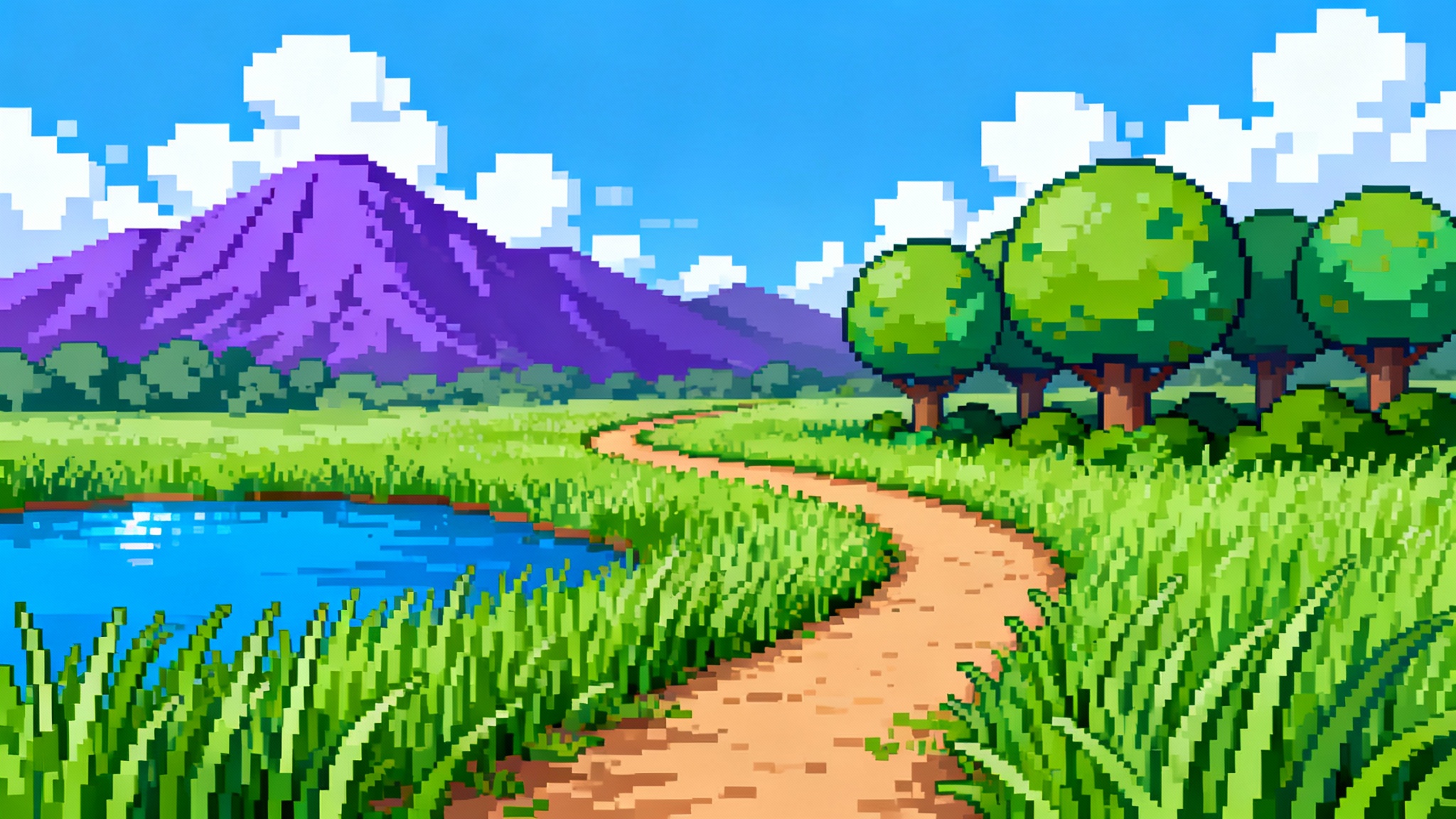 A pixel art background depicting a classic video game landscape with a path, tall grass, trees, a pond, and mountains in the distance, in the style of early Pokémon games.
