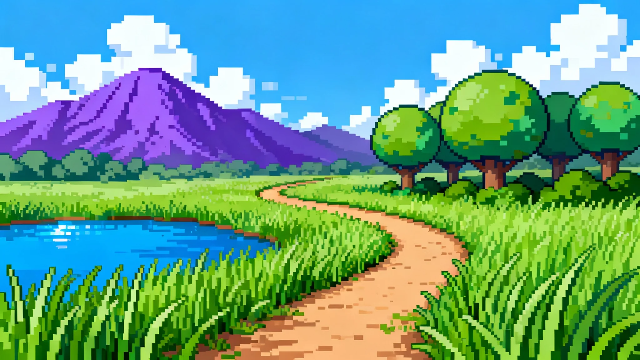 A pixel art background depicting a classic video game landscape with a path, tall grass, trees, a pond, and mountains in the distance, in the style of early Pokémon games.