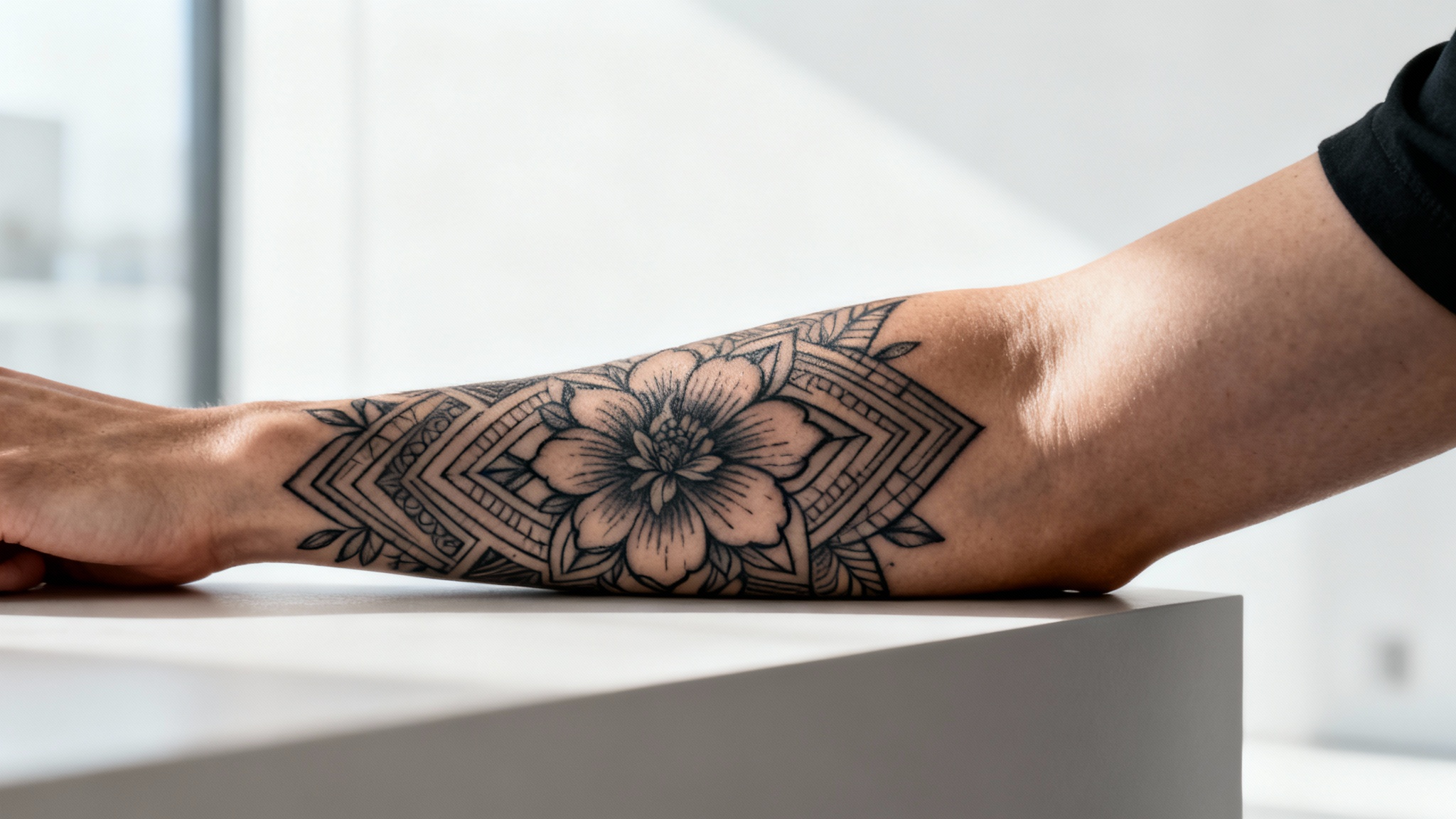 A close-up of a person's forearm with a realistic, digitally applied black ink tattoo of a floral and geometric design, demonstrating the final result of a tattoo try-on app.