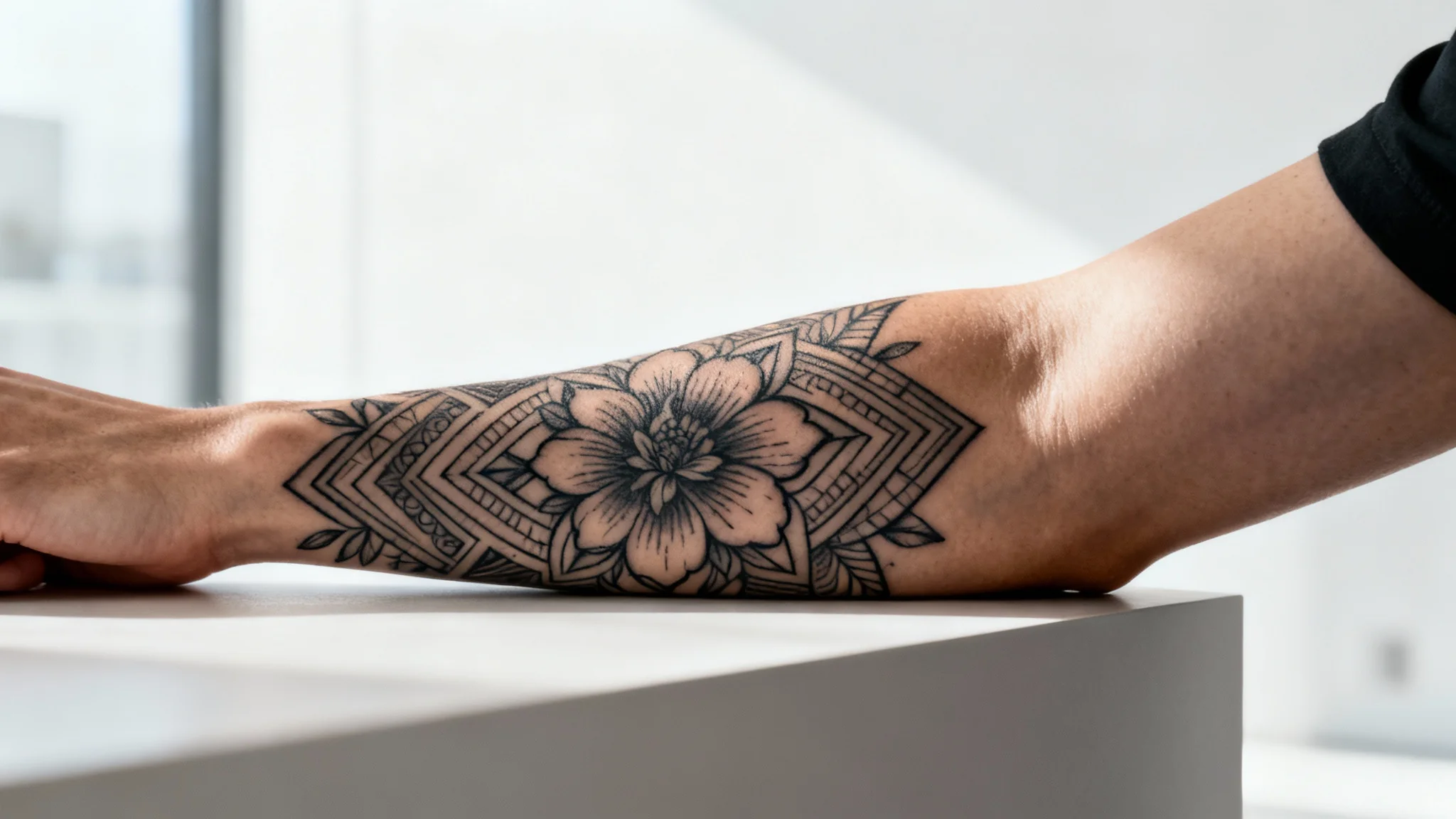 A close-up of a person's forearm with a realistic, digitally applied black ink tattoo of a floral and geometric design, demonstrating the final result of a tattoo try-on app.