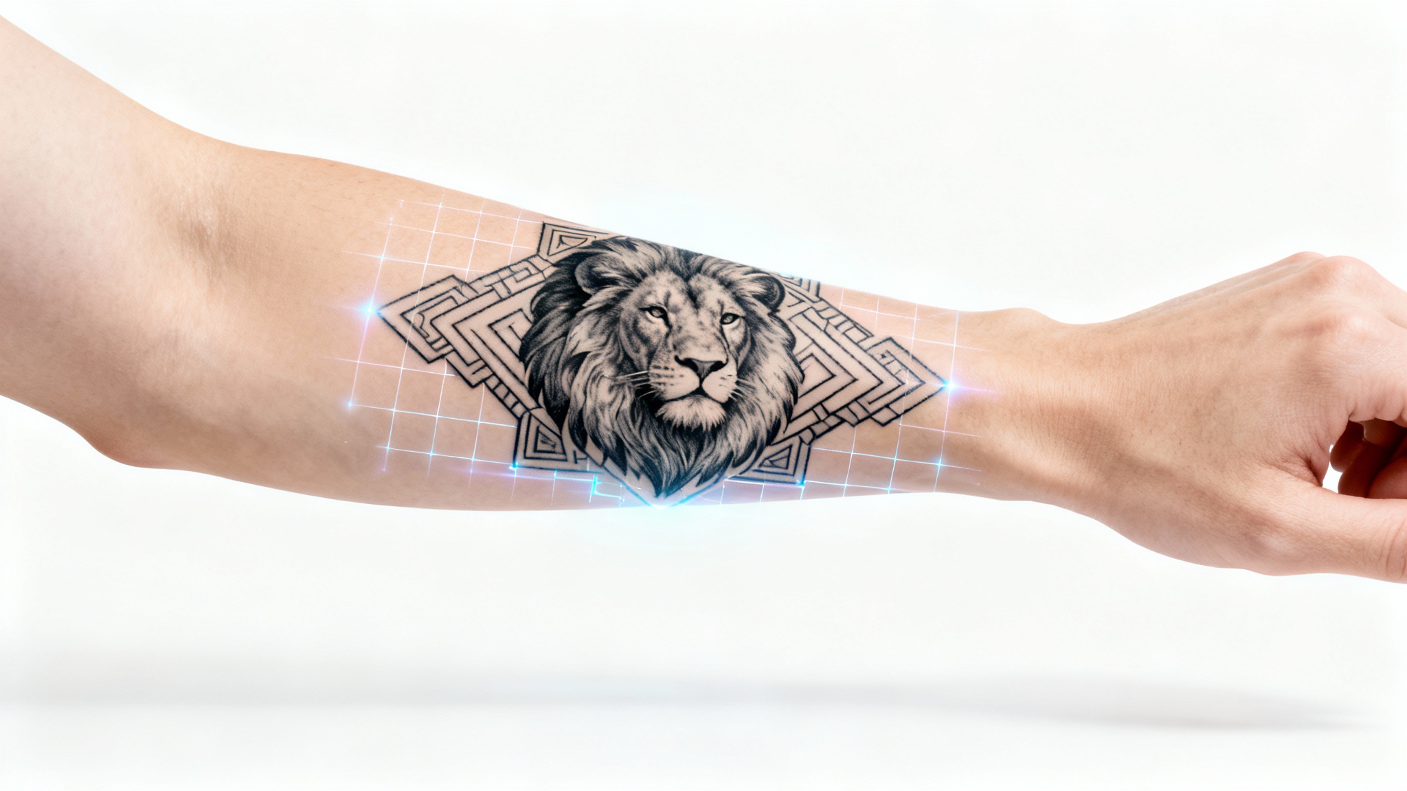 A photorealistic mockup showing a person's arm with a detailed lion tattoo being tried on using augmented reality, set against a stark white background.