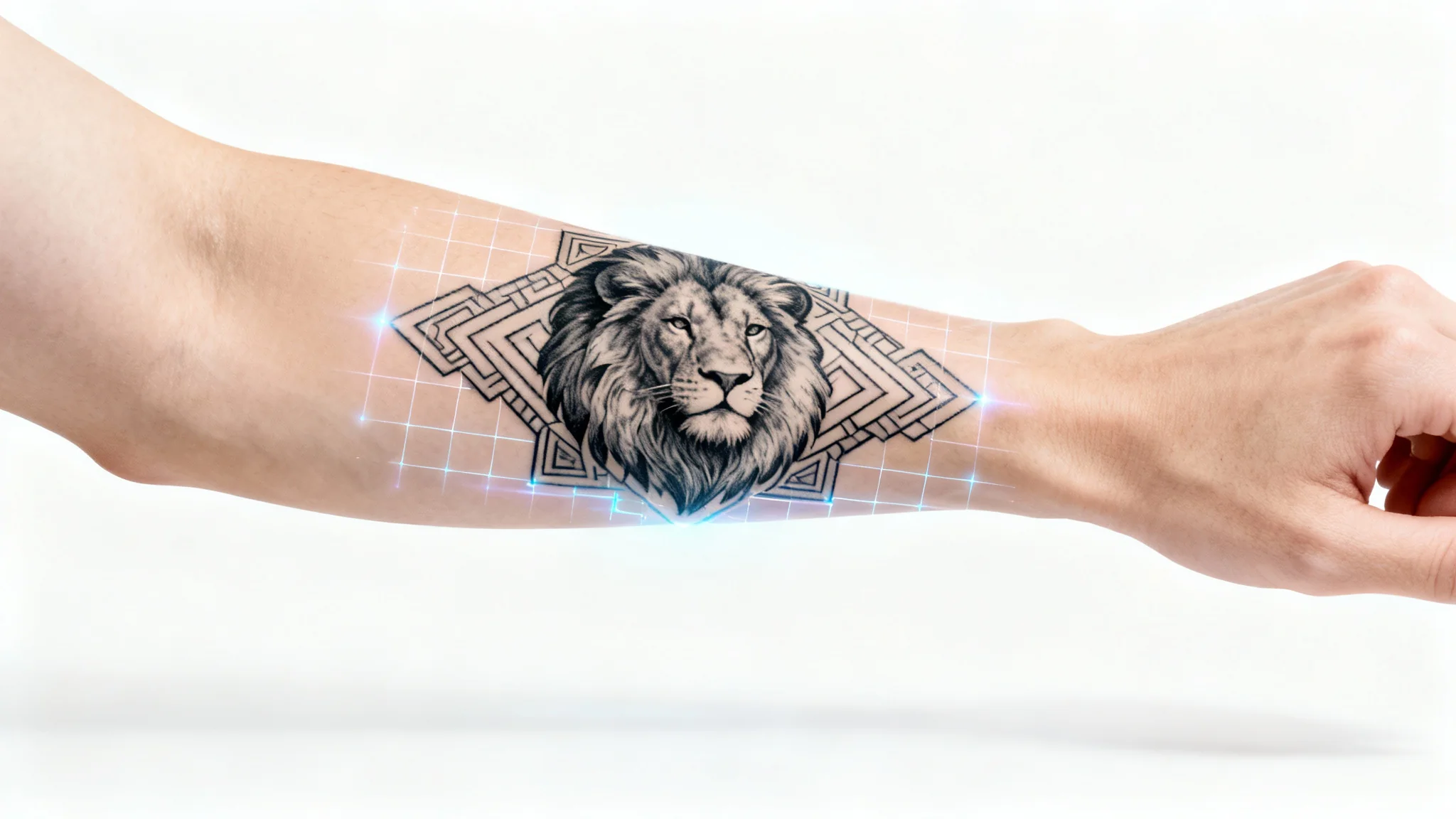 A photorealistic mockup showing a person's arm with a detailed lion tattoo being tried on using augmented reality, set against a stark white background.