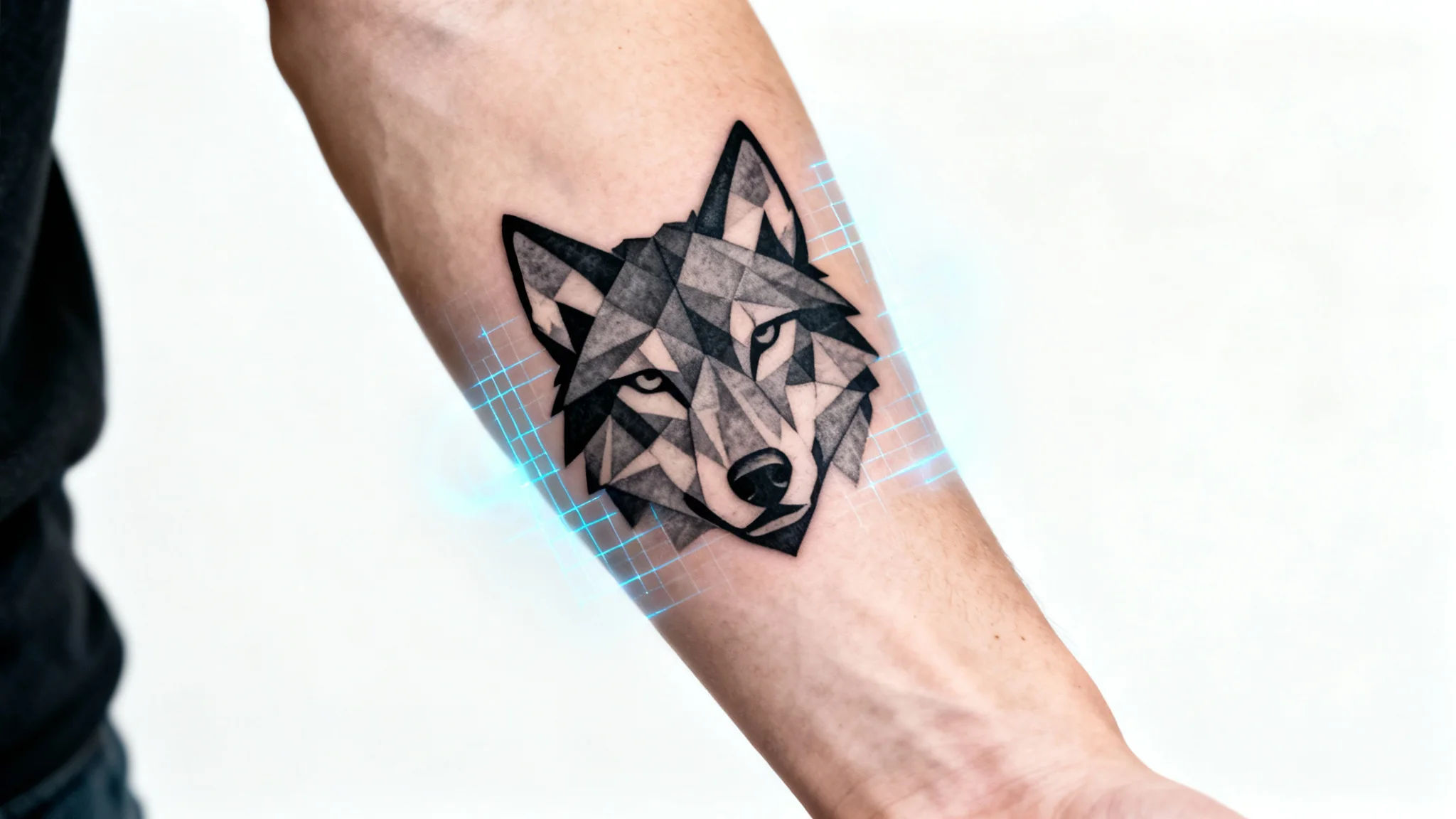 A photorealistic mockup of a virtual tattoo try-on, showing a detailed geometric wolf tattoo projected onto a person's forearm against a clean white background.