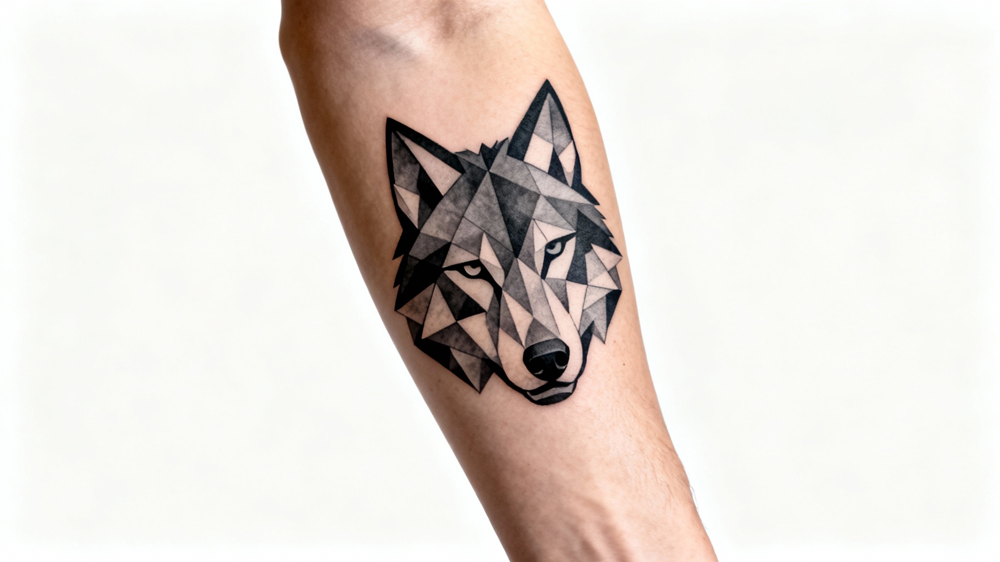 A photorealistic close-up of a person's forearm with a virtually applied, highly detailed geometric wolf head tattoo, set against a clean white background.