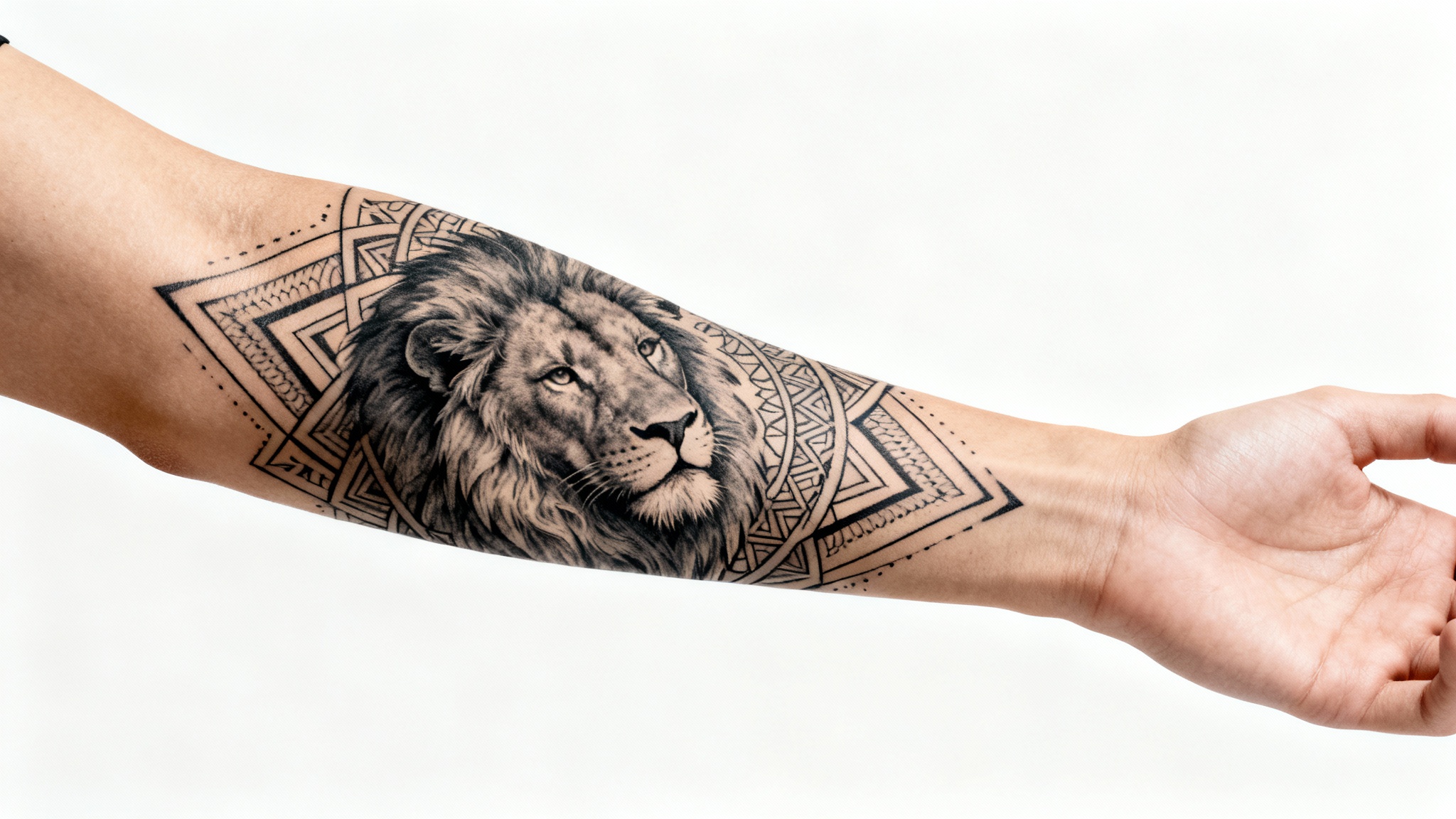 A close-up of a person's forearm with a realistic, detailed black ink tattoo of a lion's head and geometric patterns, shown against a plain white background to simulate a tattoo try-on.