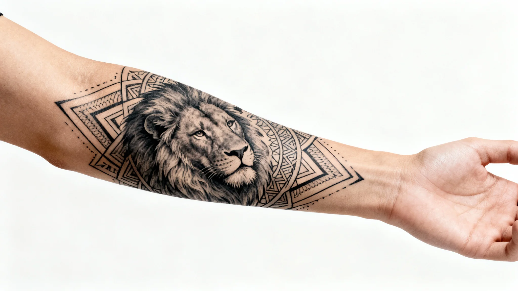 A close-up of a person's forearm with a realistic, detailed black ink tattoo of a lion's head and geometric patterns, shown against a plain white background to simulate a tattoo try-on.