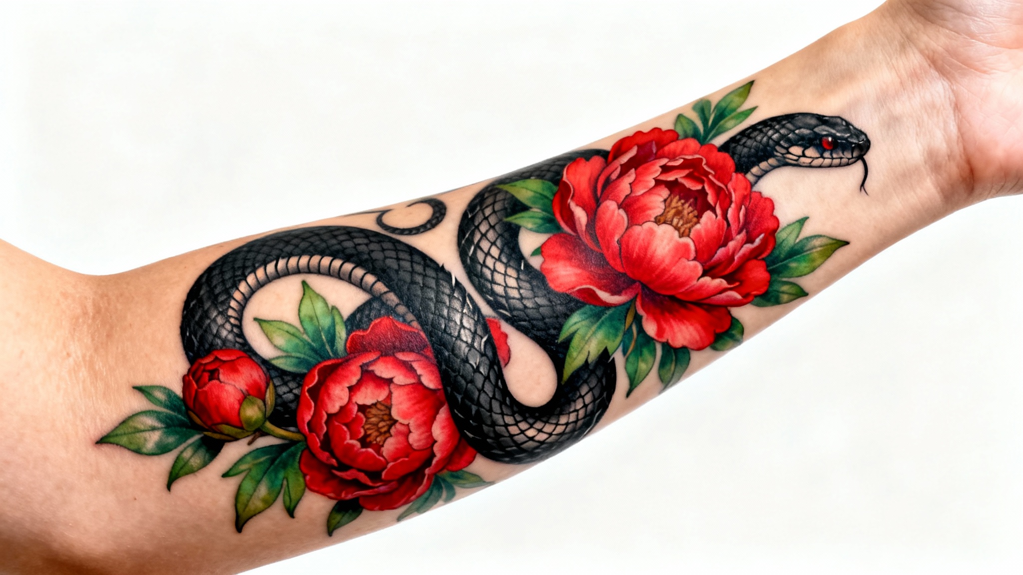 A photorealistic image of a person's forearm featuring a vividly colored, realistic tattoo of a snake and peonies, demonstrating a tattoo try-on concept against a clean white background.