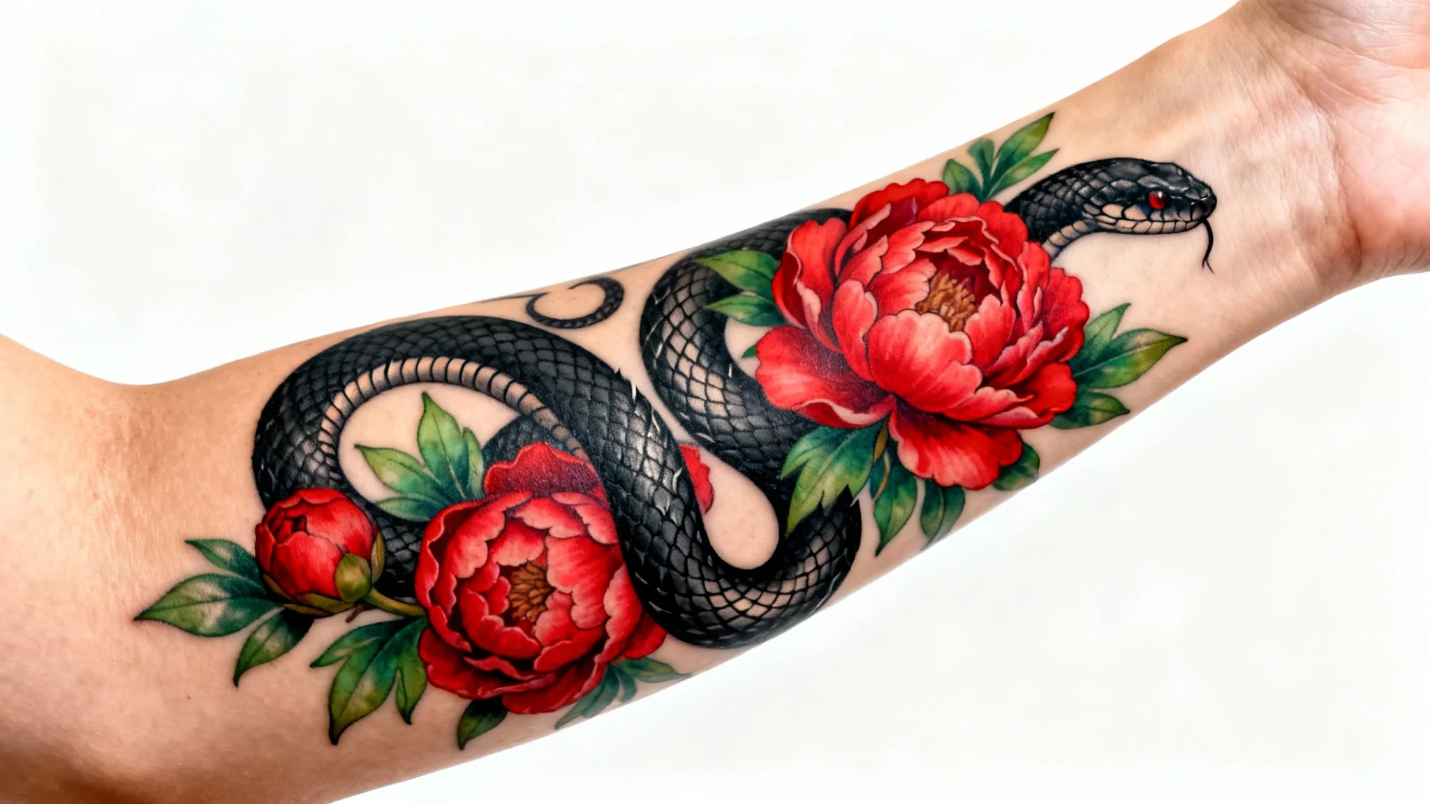 A photorealistic image of a person's forearm featuring a vividly colored, realistic tattoo of a snake and peonies, demonstrating a tattoo try-on concept against a clean white background.