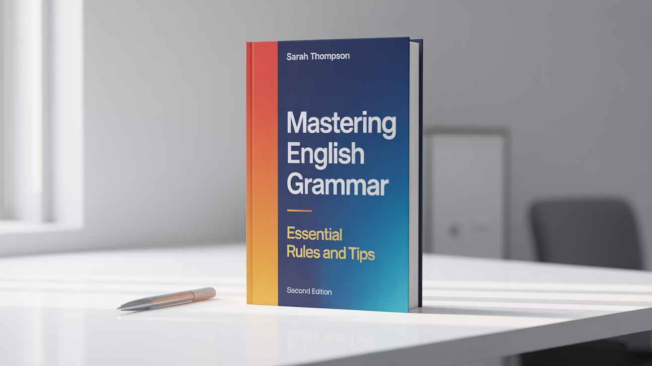 A photorealistic mockup of a professionally designed English grammar book titled 'Mastering English Grammar' by Sarah Thompson, displayed on a clean white surface. The cover has a blue gradient, an orange stripe, and white and yellow text.