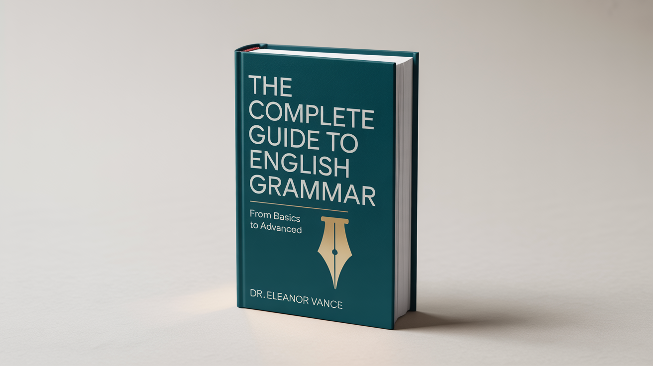 A mockup of an English grammar book titled 'The Complete Guide to English Grammar' by Dr. Eleanor Vance. The book has a dark teal cover with white and gold text and is standing on a white background.
