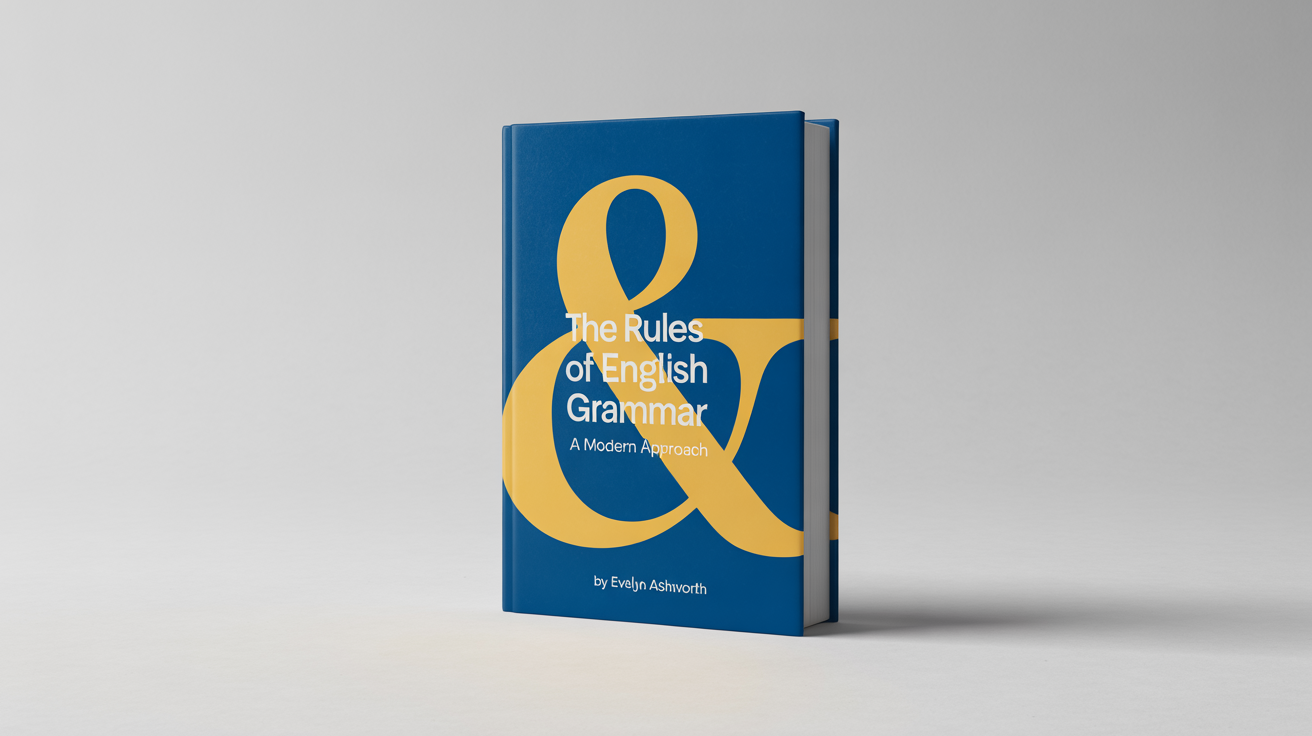 A mockup of a modern English grammar book titled 'The Rules of English Grammar', featuring a large yellow ampersand on a navy blue cover, standing against a clean white background.