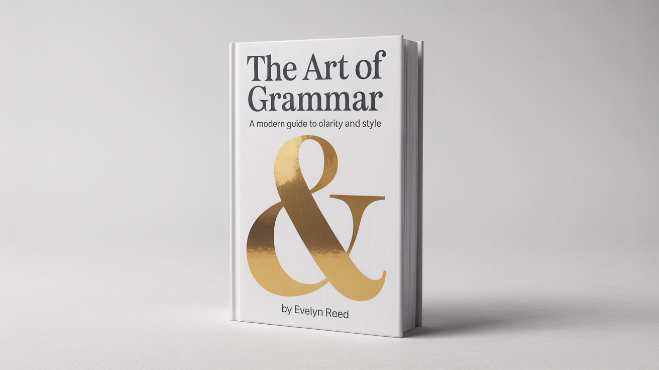 A mockup of an English grammar book titled 'The Art of Grammar' by Evelyn Reed, featuring a modern design with a large gold ampersand on the cover, standing against a plain white background.