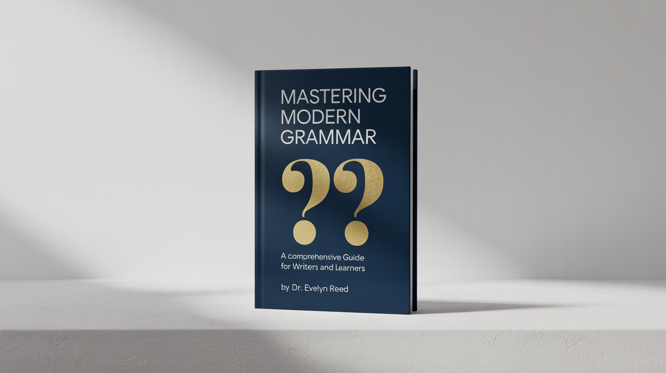 A professional mockup of an English grammar book titled 'Mastering Modern Grammar' by Dr. Evelyn Reed, featuring a clean navy blue cover with gold foil accents, standing on a white background.