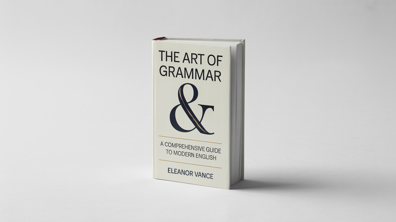 A professional mockup of an English grammar book titled 'The Art of Grammar' by Eleanor Vance, featuring a clean design with a navy blue ampersand and gold details on a cream background.