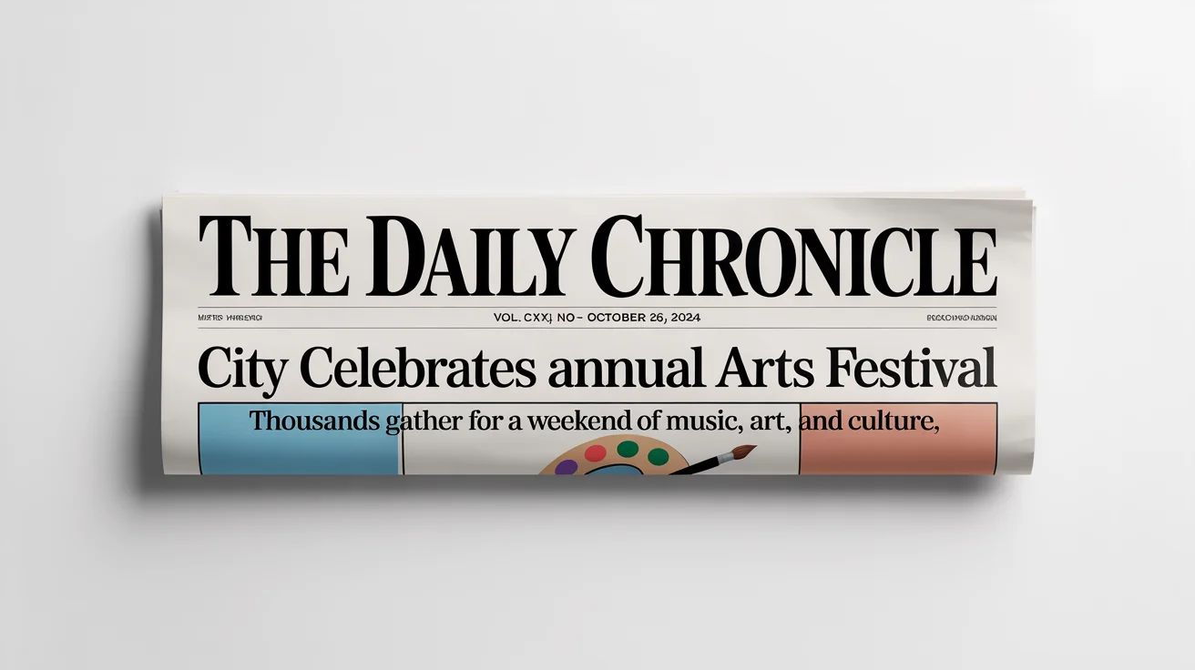 A photorealistic mockup of a newspaper banner with the title 'THE DAILY CHRONICLE' and the main headline 'CITY CELEBRATES ANNUAL ARTS FESTIVAL', displayed against a plain white background.