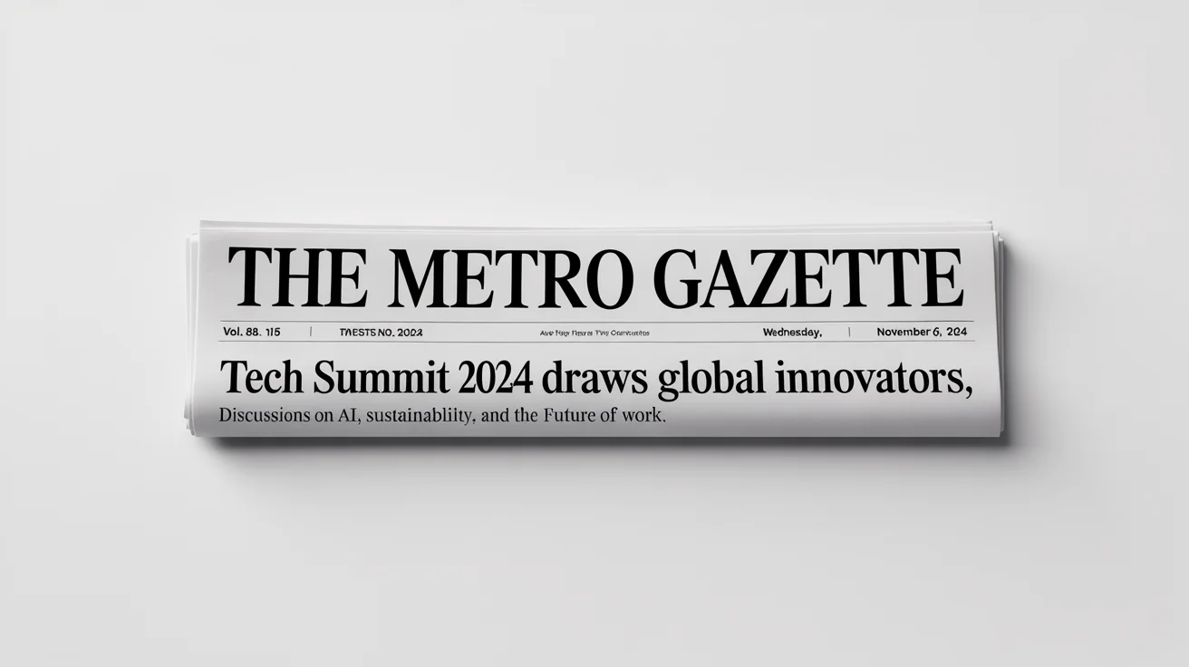 A photorealistic mockup of a newspaper banner for 'The Metro Gazette' with the headline 'Tech Summit 2024 Draws Global Innovators', presented on a clean white background.