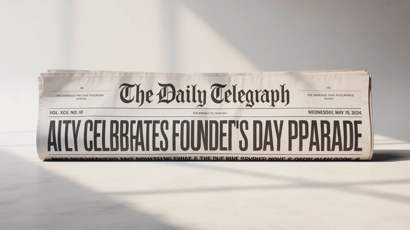 A mockup of a classic newspaper banner for 'The Daily Telegraph' with a celebratory headline, presented on a clean white background.