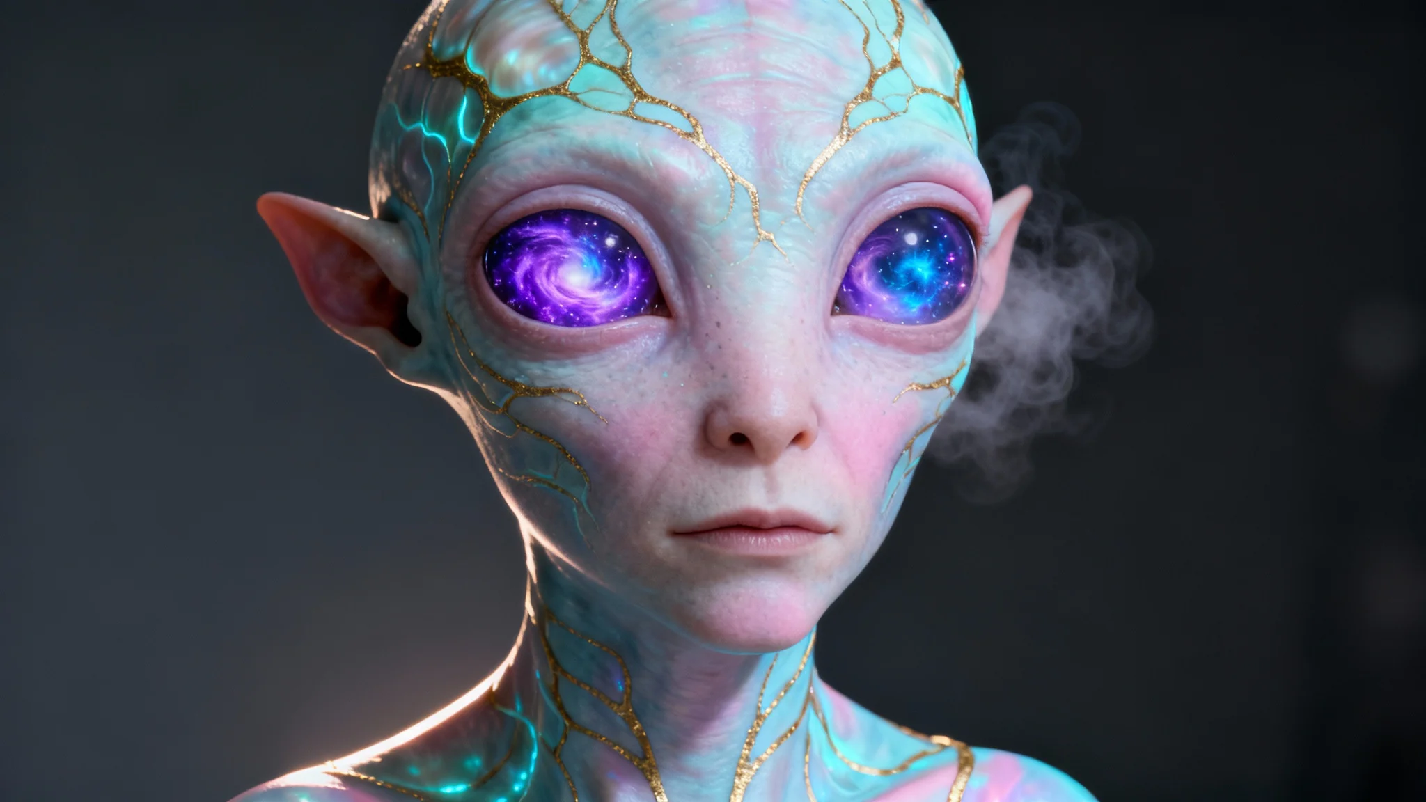 A hyperrealistic, cinematic portrait of an alien's face, looking curiously at the viewer. The alien has large, dark eyes with swirling colors like a nebula, and its skin features glowing, intricate blue and purple patterns. The image is a close-up with dramatic lighting and a soft, dark background.