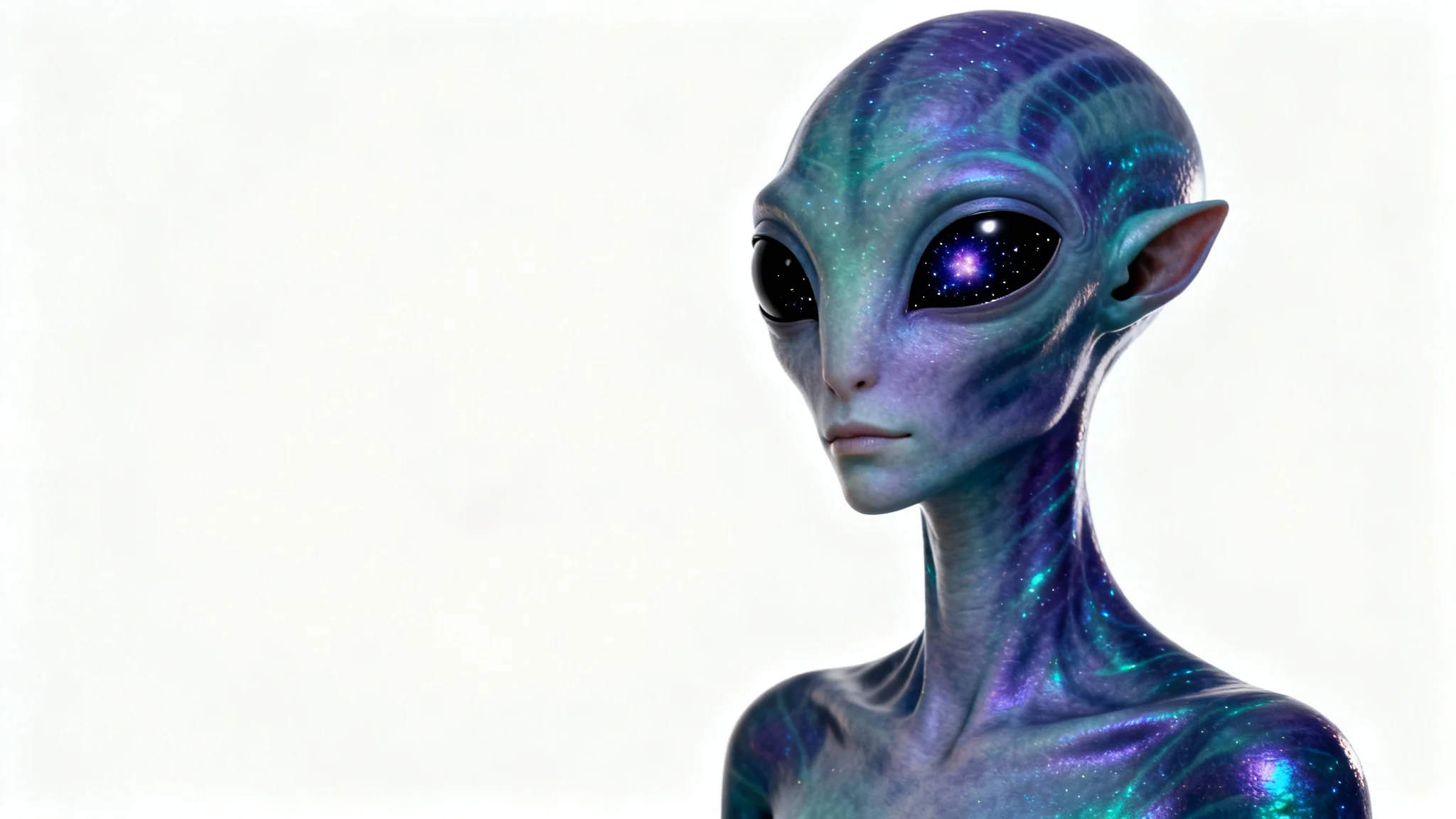 A photorealistic studio portrait of an intelligent-looking alien with large black eyes and iridescent blue-green skin, set against a plain white background.