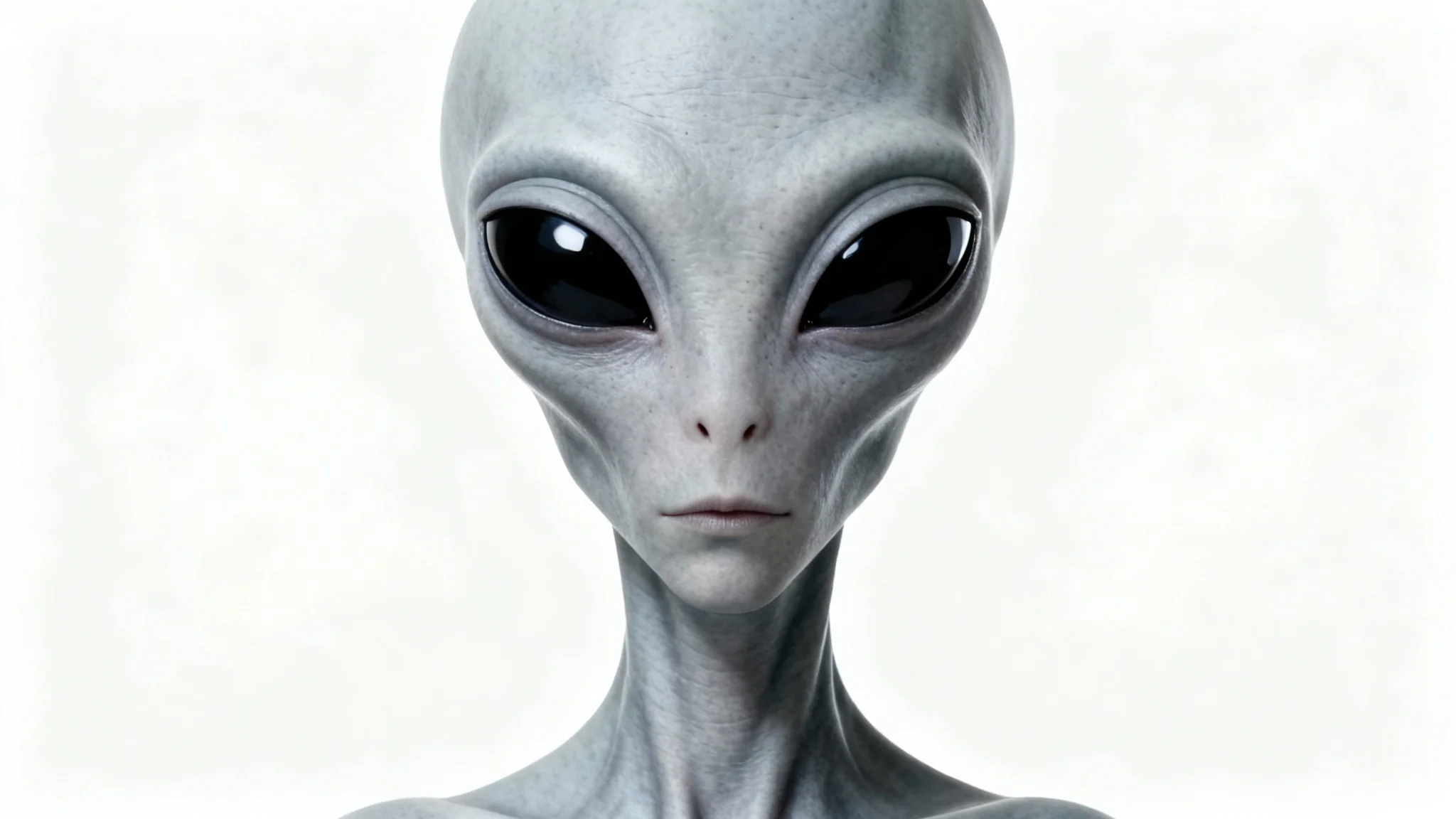 A hyper-realistic close-up portrait of a classic grey alien with large, black, reflective eyes, looking directly at the camera against a plain white background.