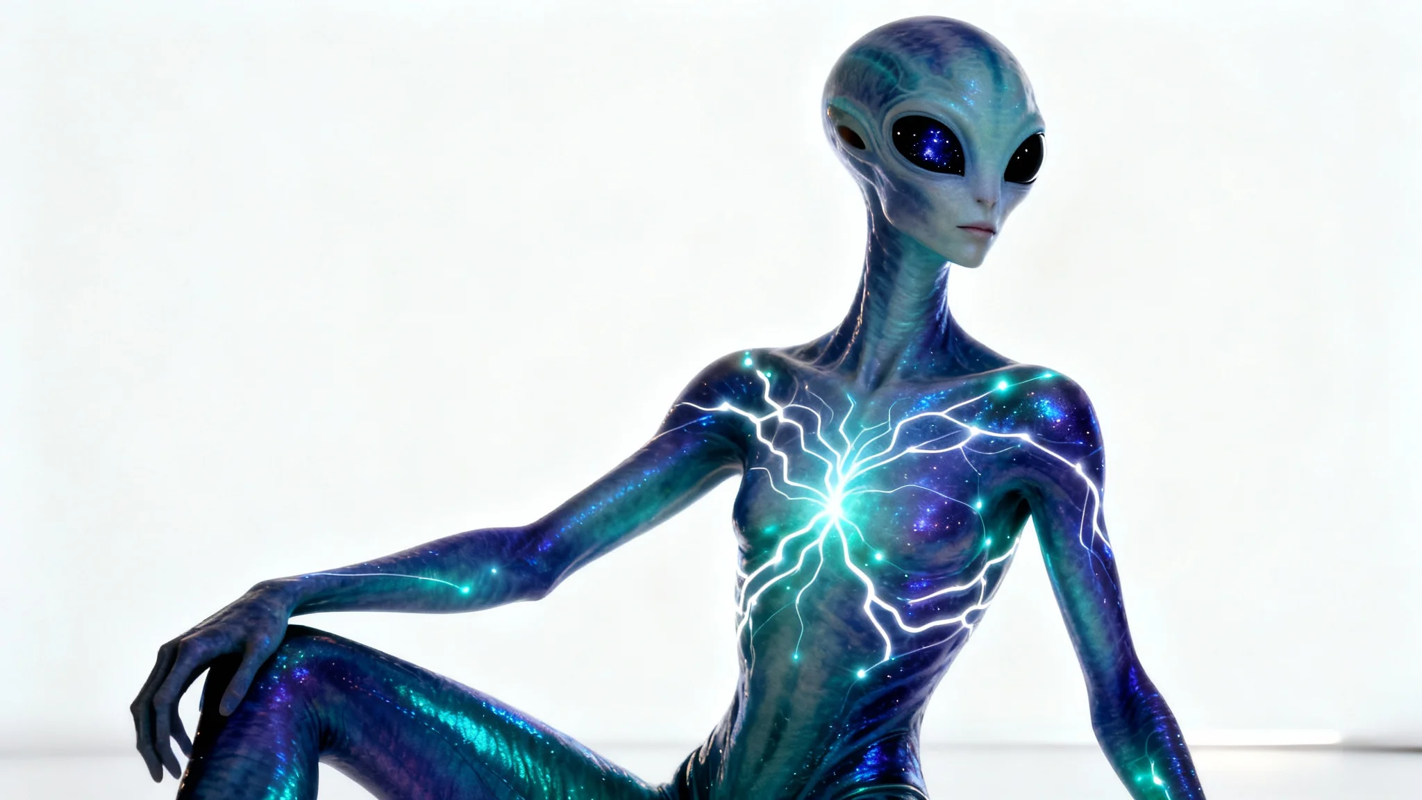 A full-body studio portrait of a tall, slender alien with shimmering, iridescent blue skin and glowing white patterns, standing against a pure white background.