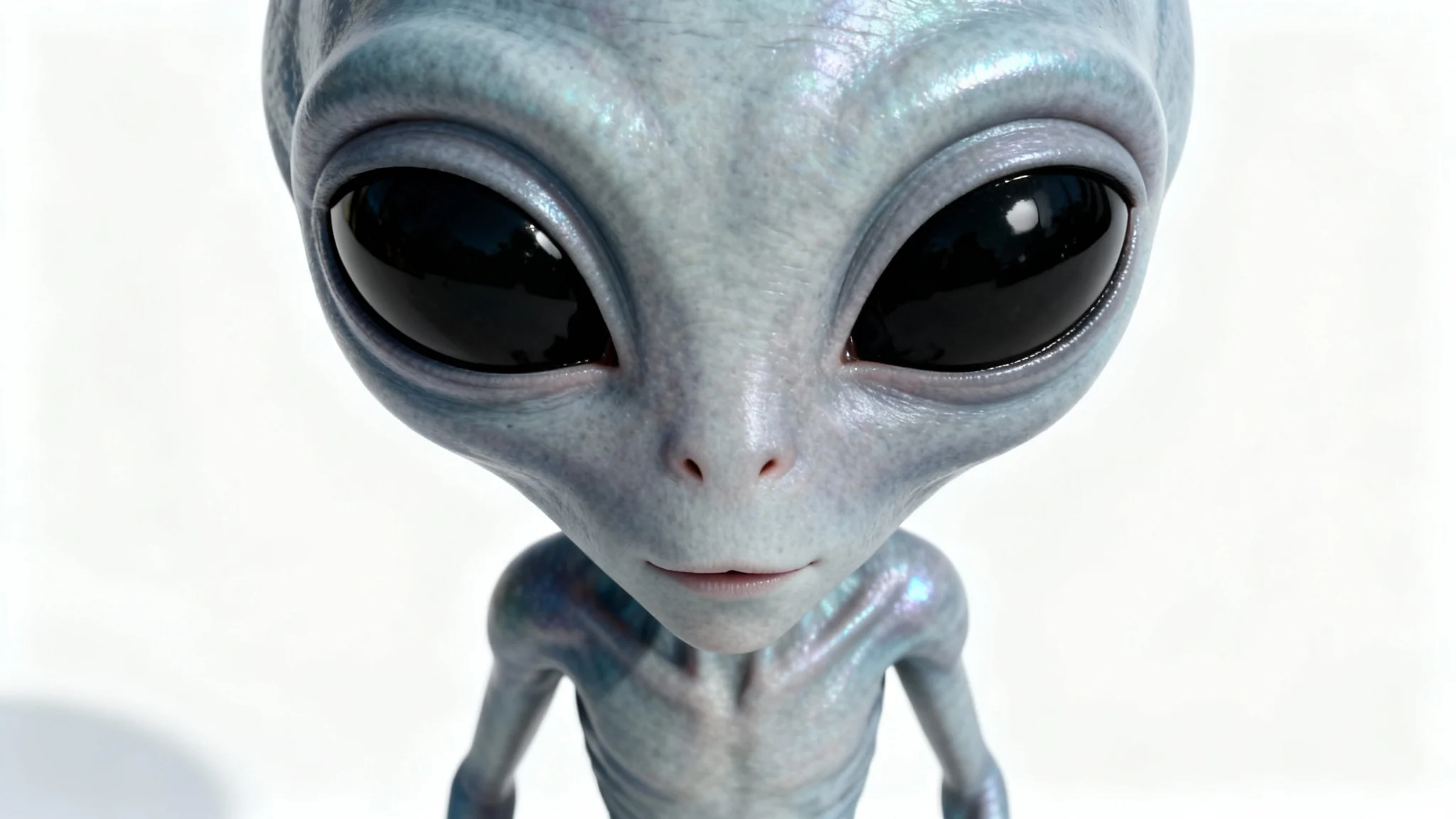 A full-body, photorealistic 3D render of a friendly grey-blue alien with large black eyes, standing and looking forward against a clean white background.
