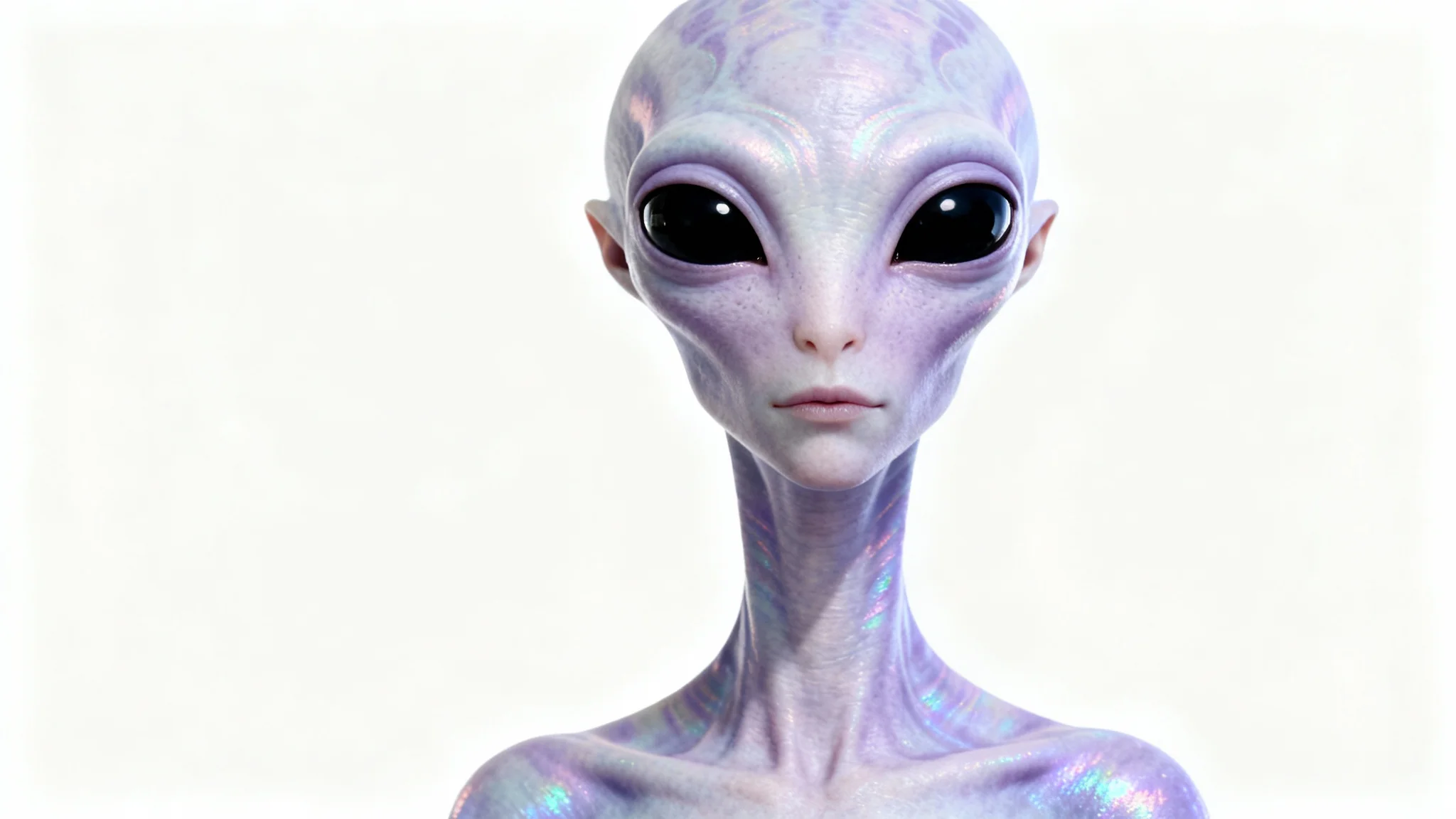 A photorealistic image of a calm, curious alien with pale lavender skin and large black eyes, standing against a clean white background.