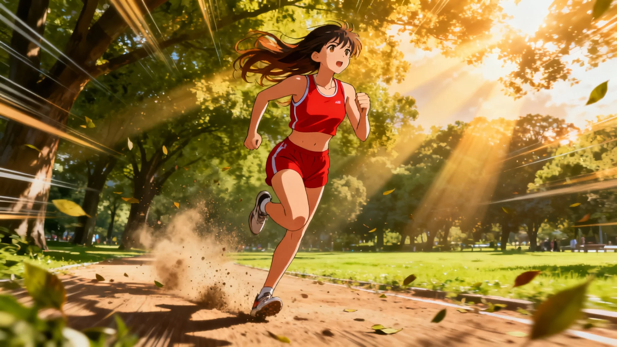 A cinematic, high-quality anime scene of a young woman in a red outfit running determinedly through a sun-drenched park, with dynamic motion effects and dramatic lighting.