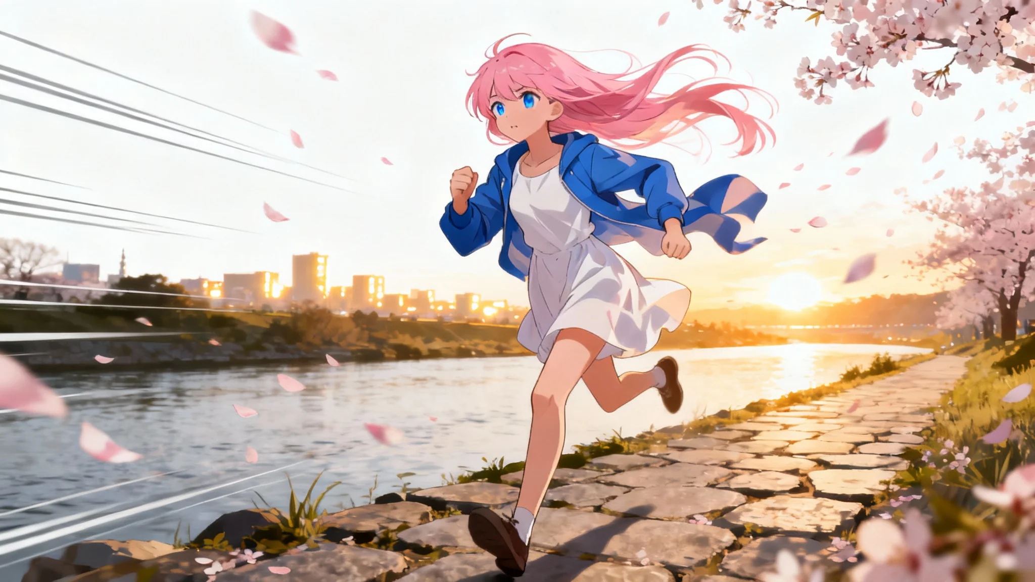A dynamic anime illustration of a teenage girl with long pink hair and a determined expression, sprinting along a path by a river at sunset, with cherry blossom petals swirling around her.