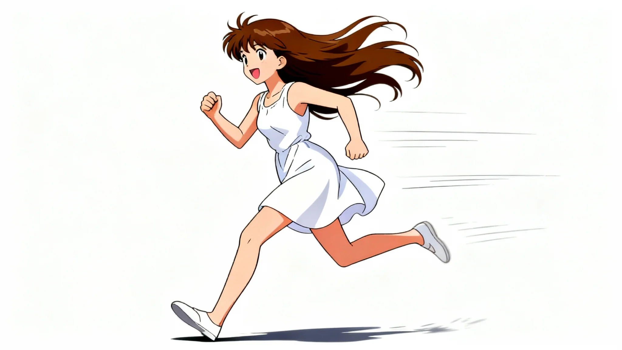 An anime-style illustration of a young woman with long brown hair running in a white dress, captured in a dynamic pose against a plain white background.
