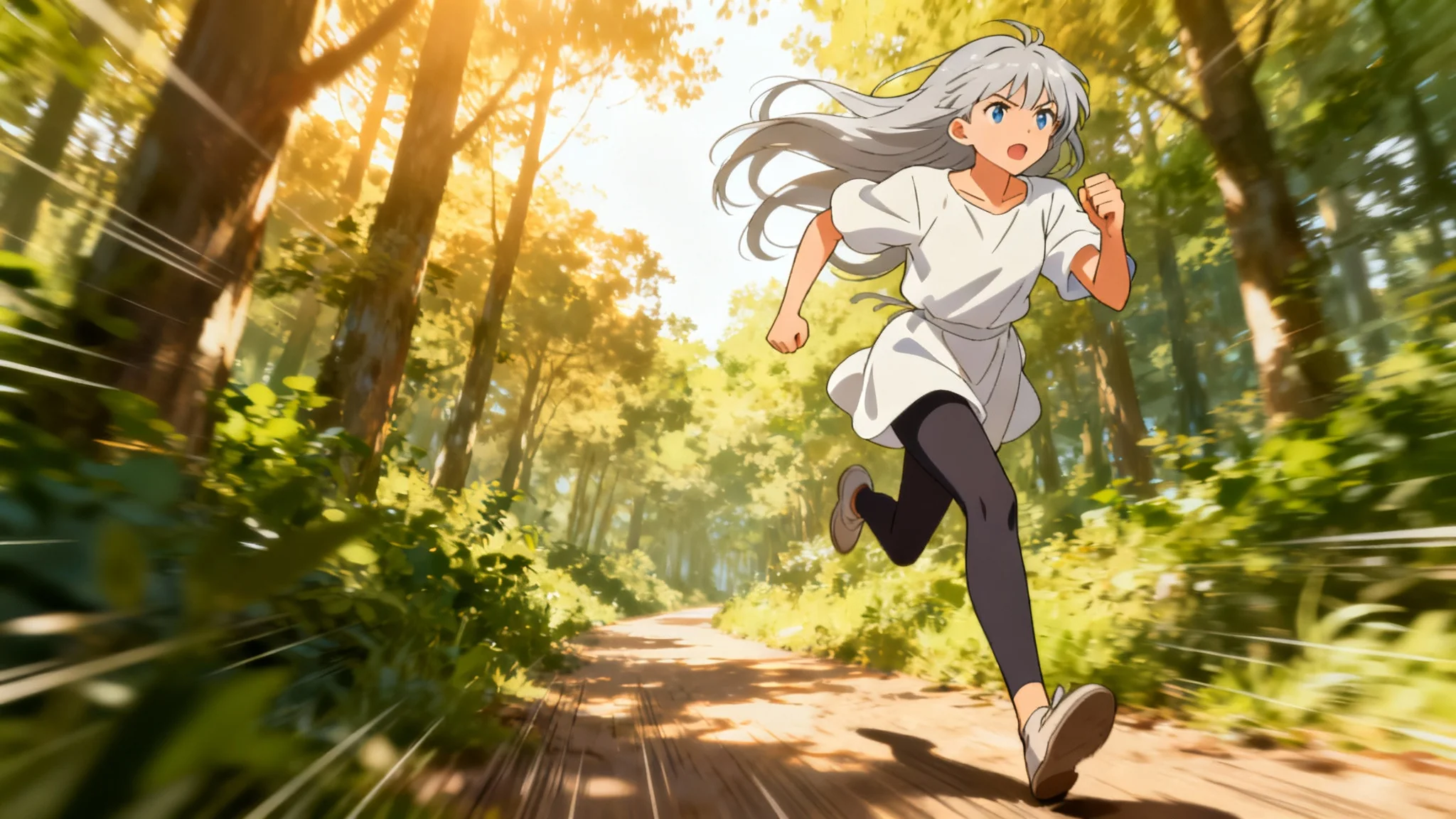 An energetic anime scene of a girl with silver hair running through a forest, captured in a dynamic 90s animation style to illustrate the anime running scene generator.