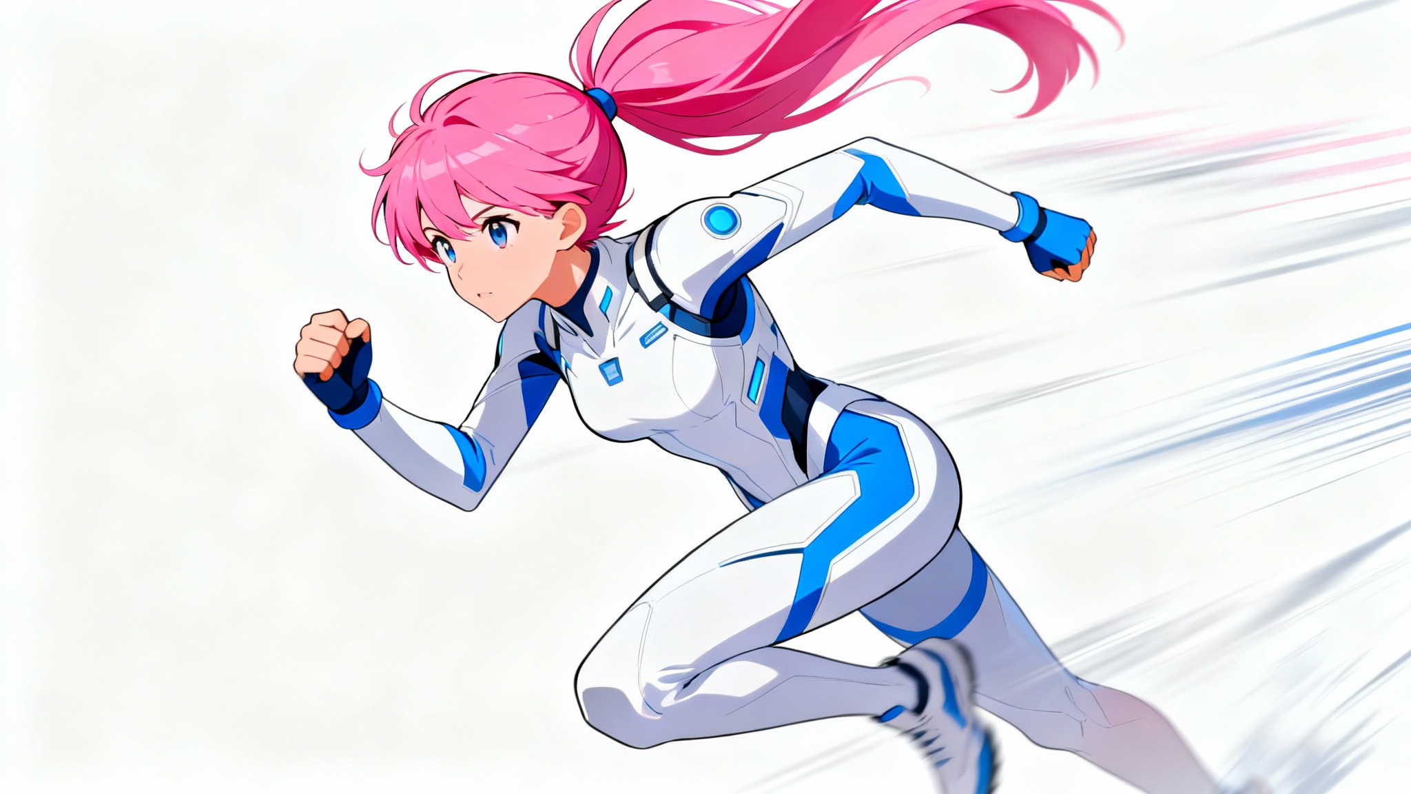 A modern anime-style illustration of a girl with pink hair in a futuristic athletic outfit, sprinting with determination against a plain white background.