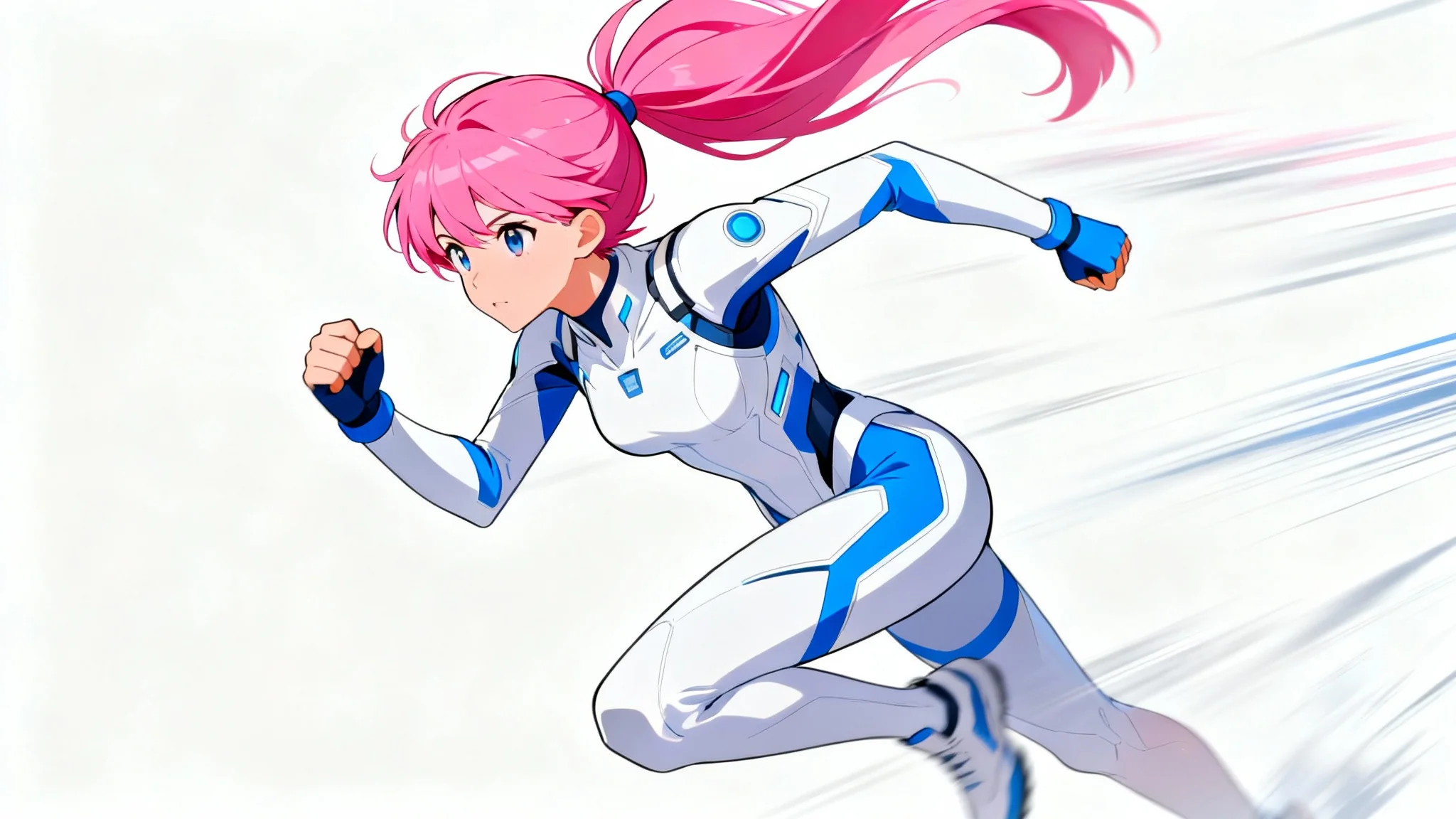 A modern anime-style illustration of a girl with pink hair in a futuristic athletic outfit, sprinting with determination against a plain white background.